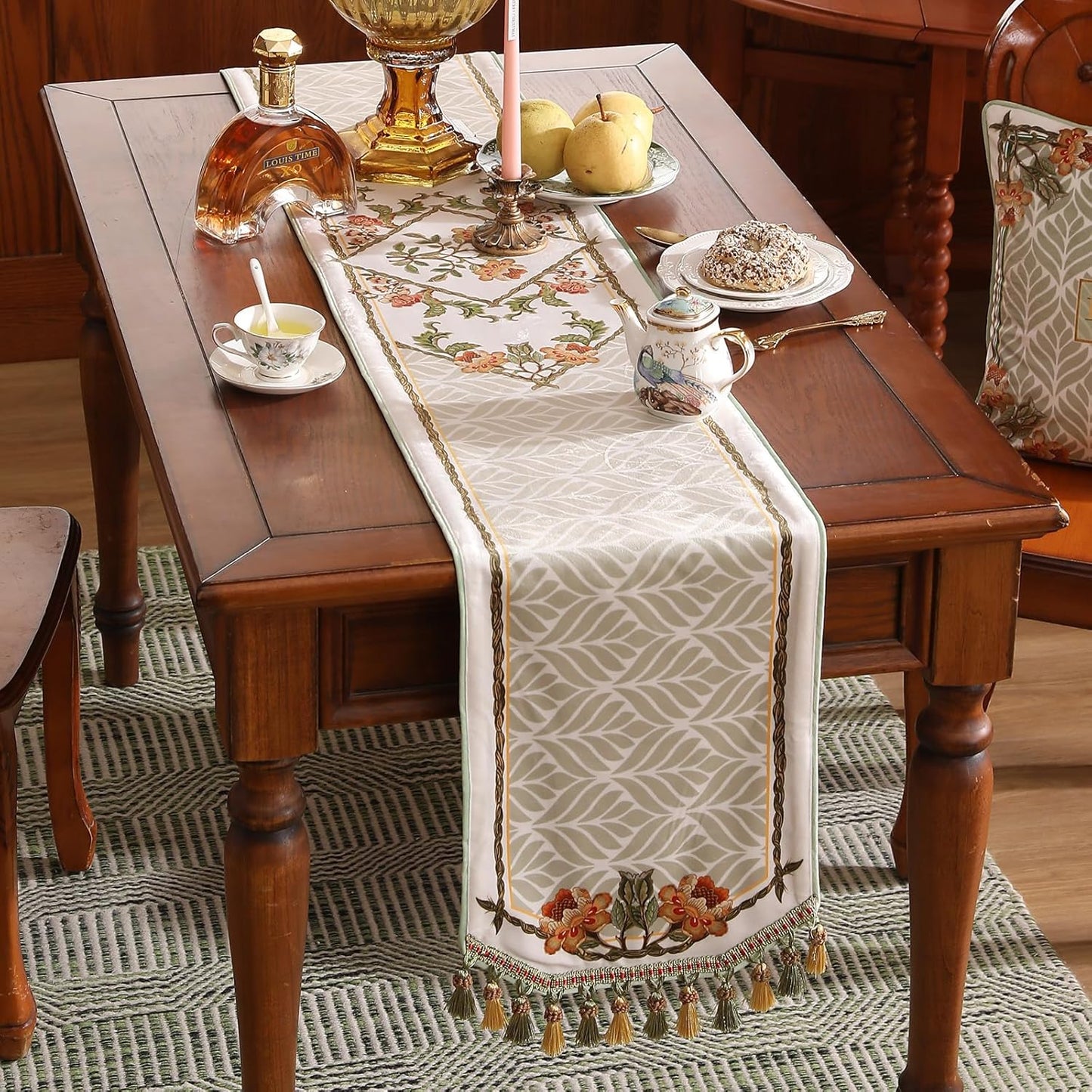 patdrea Designer French Floral Extra Long Velvet Table Runner 118 Inch Long,Green Orange Blossoms Pattern Table Mat, Decor for Kitchen Dining Coffee Table Cabinet Banquet Thanksgiving,16"*118"