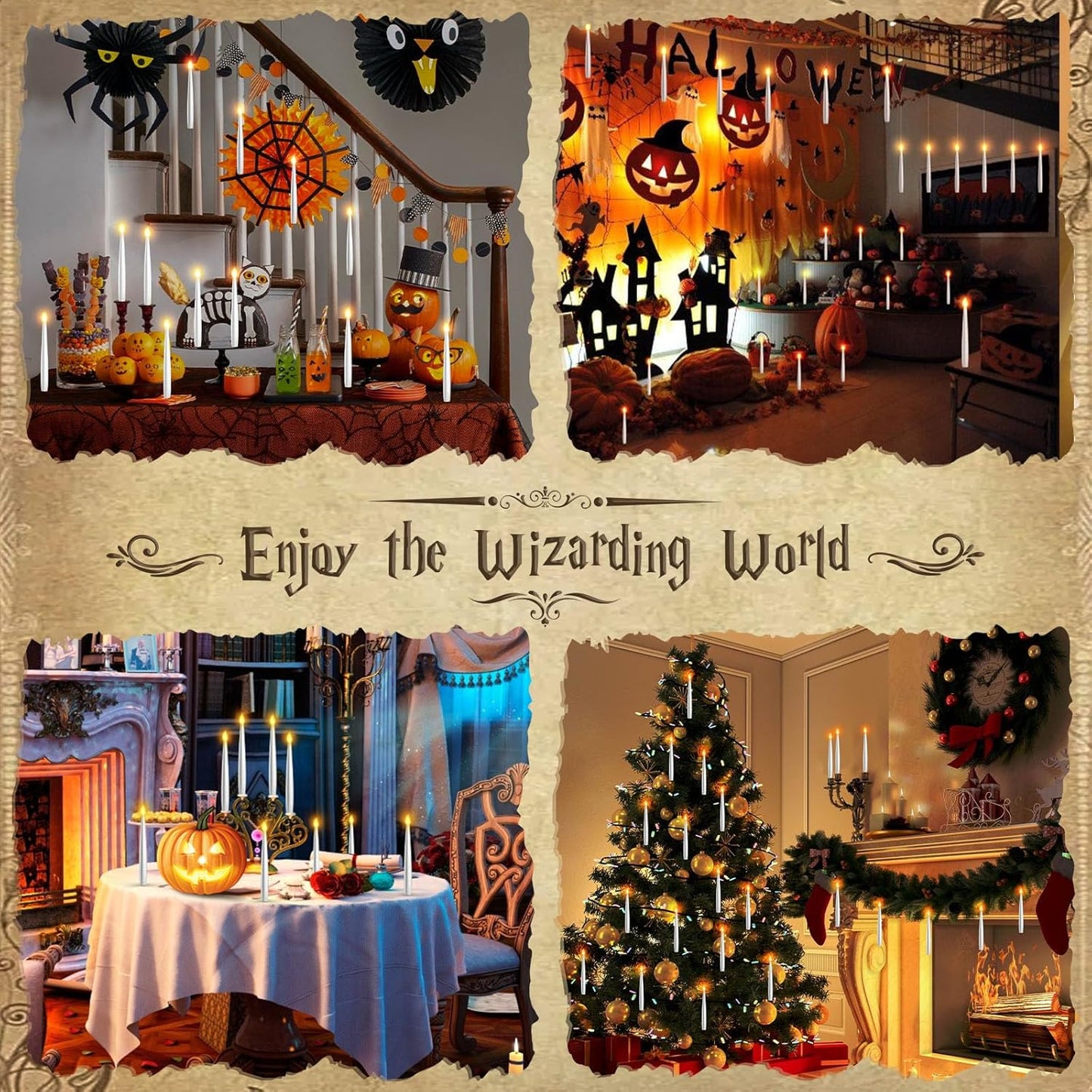 Halloween Floating Candles 18 Pcs - Magical Flameless Candles with Wand Flickering Warm Lights Ideal for Indoor Window Bedroom Halloween Cosplay Birthday Theme Party Decor
