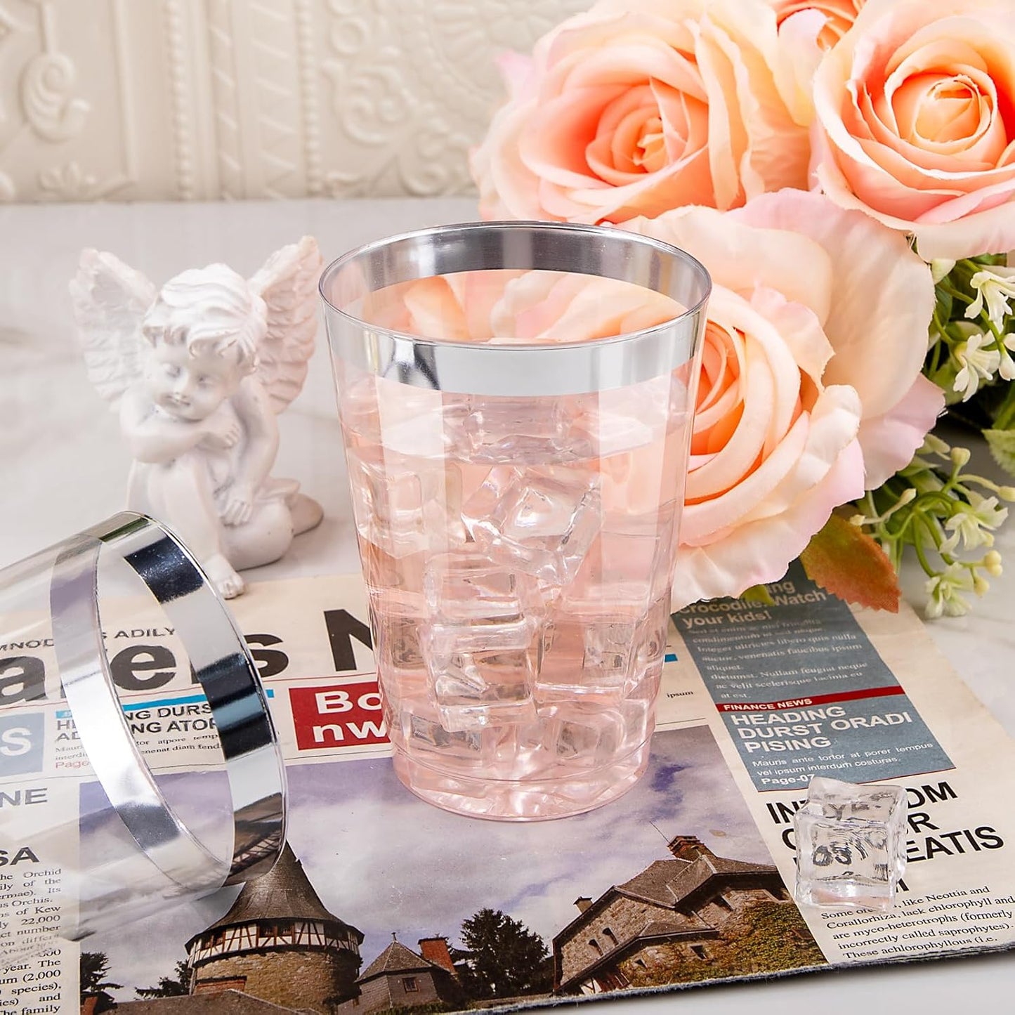 I00000 50 Pack 12 oz Silver Rimmed Disposable Cups, Heavy Duty Plastic Tumblers for Party