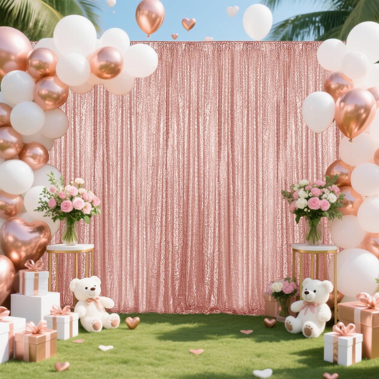 Rose Gold Sequin Backdrop Curtain 2 Pieces 2FTx8FT Glitter Photography Backdrop for Party Wedding Birthday Christmas Decorations