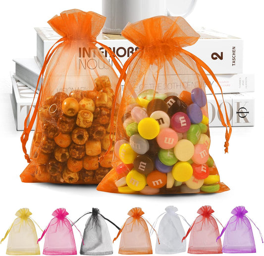 ANZNKU 100 Pack Organza Bags - 4x6 inch Small Sheer Mesh Gift Bags with Drawstring - Premium Orange Favor Bags for Halloween, Wedding, Party, Christmas