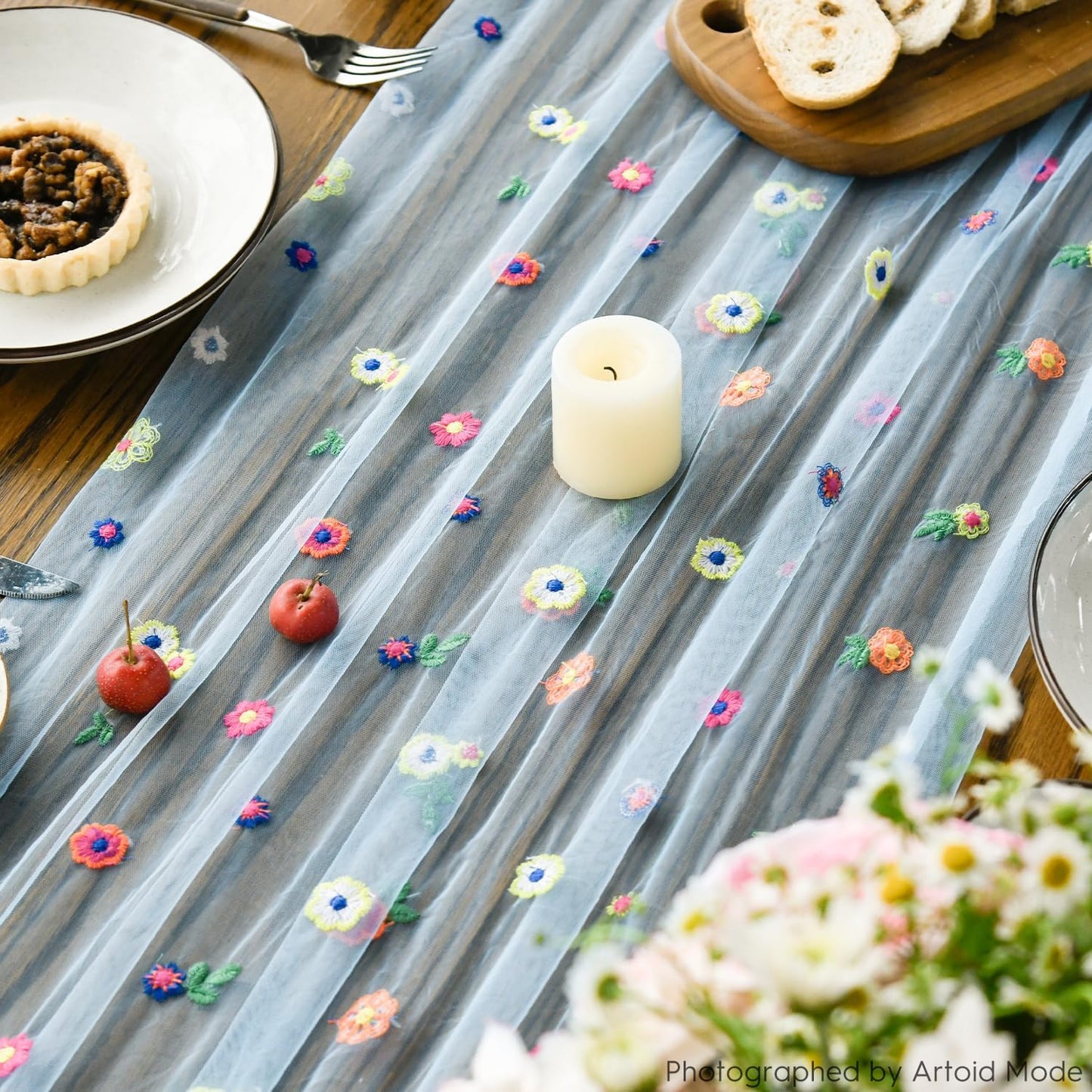 Artoid Mode Blue Embroidery Daisy Gauze Table Runner 120 Inch 10FT, Seasonal Sheer Kitchen Dining Holiday Wedding Birthday Table Decor for Home Party