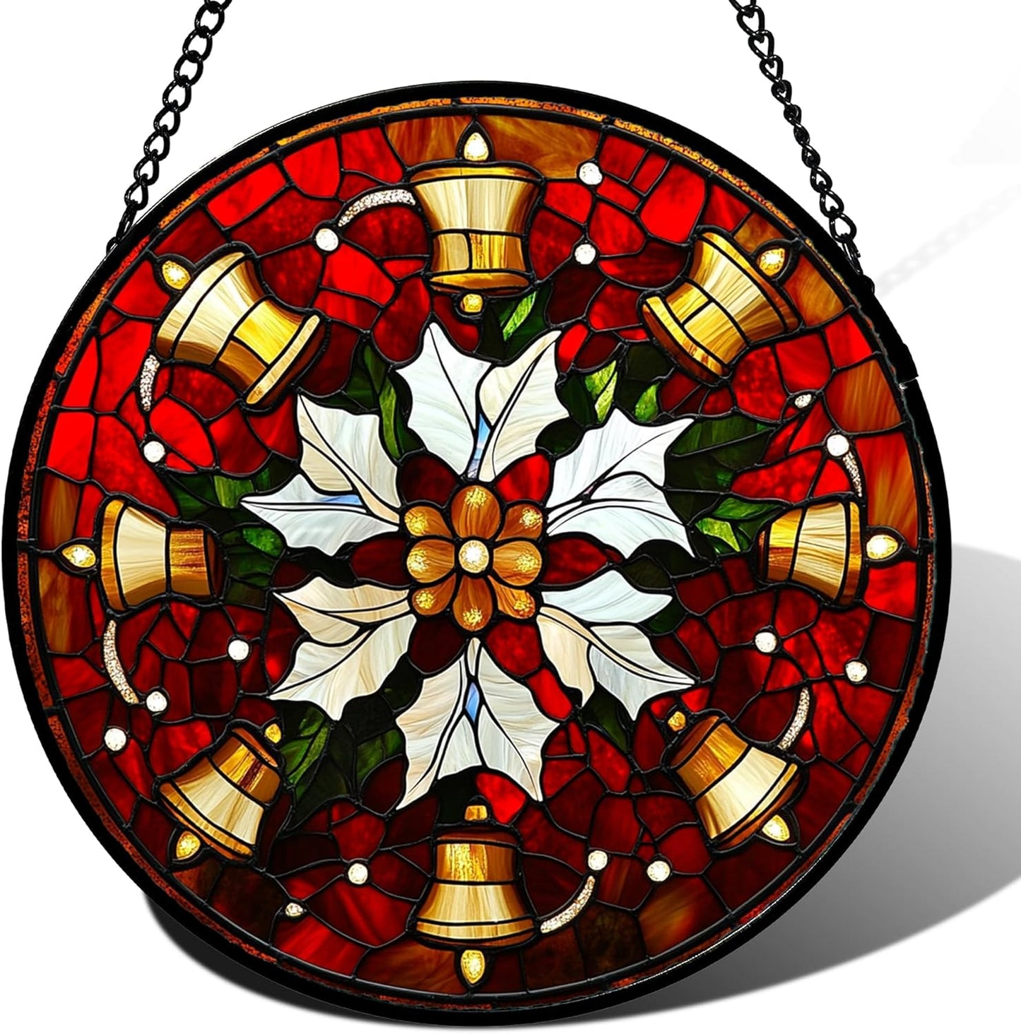 Stained Glass Window Hanging - Golden Bells Flowers Suncatcher for Doors Home Christmas Decoration Winter Sun Catcher Thanksgiving New Year Birthday Gift for Friend Women Men Mom Nana 11.8 in