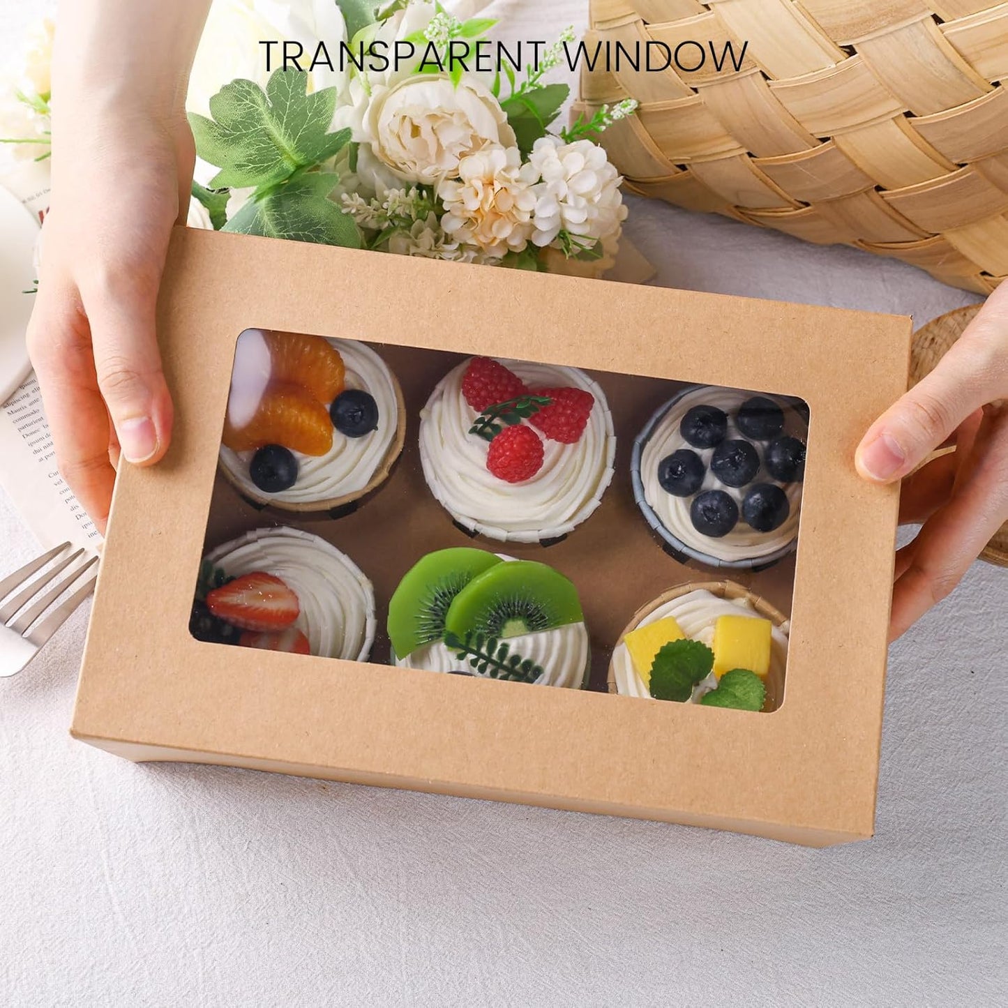 HANSGO 6 PCS Cupcake Boxes, 9.5x6.3x3.5 Inch Cupcake Containers Brown Pastry Boxes with Inserts 6 Holders for Muffins Pastry Strawberry, Party Supplies