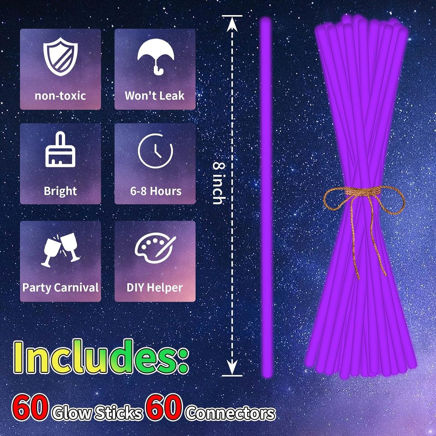 60 Pack 8” Purple Glow Sticks Bulk with 60 Connectors Neon Glow In The Dark Party favors Supplies for Holiday Birthday Party Decoration (Purple)