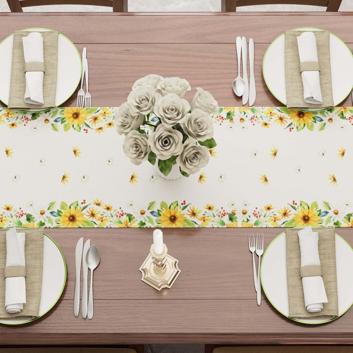 XCHI Yellow White Daisies Flowers Gnomes Spring Table Runner Burlap Table Decoration for Summer Seasonal Home Kitchen Dining Dinner Indoor Holiday Farmhouse Decor 13x72 Inch