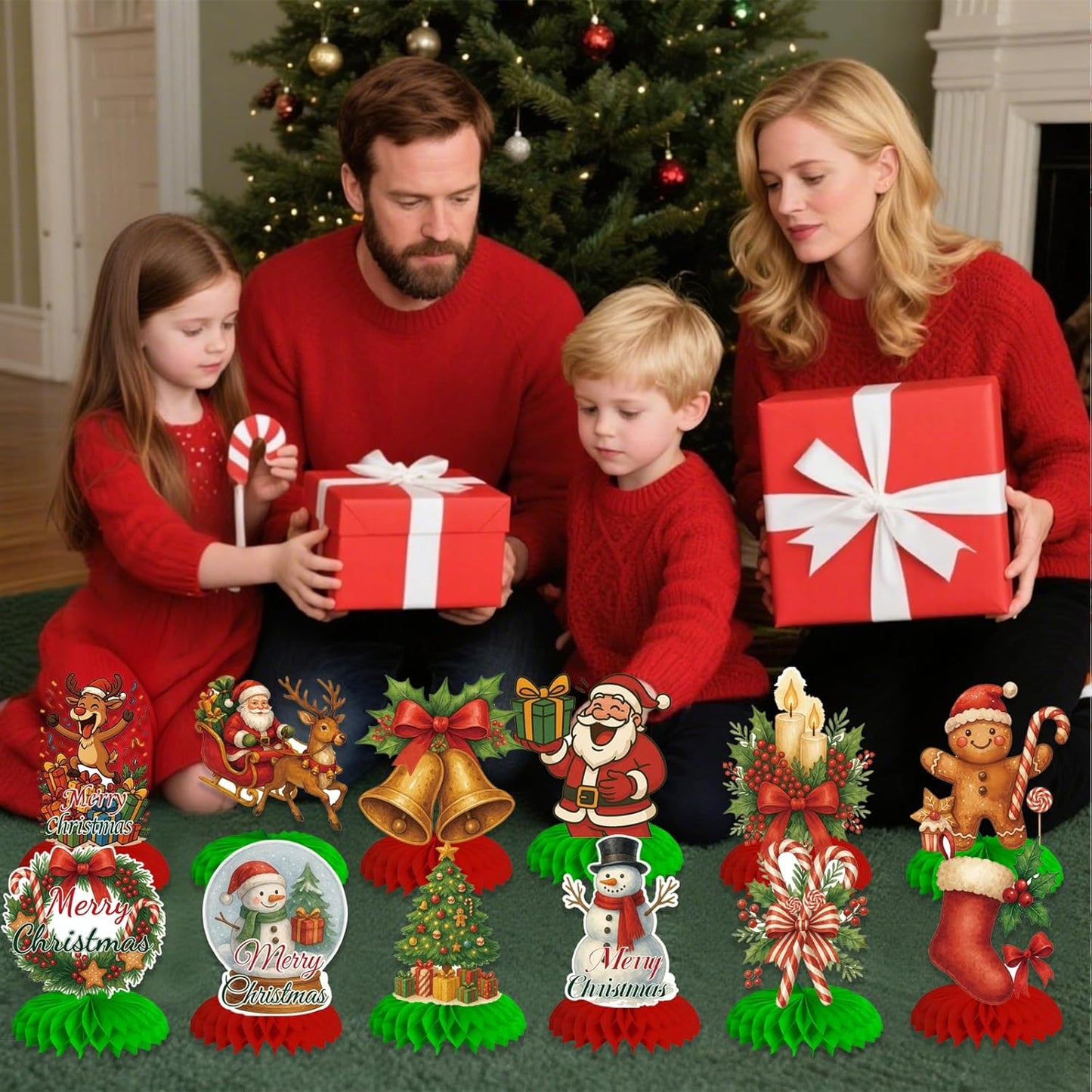 12Pcs Christmas Honeycomb Centerpieces Christmas Table Toppers Decorations Christmas Tree,Snowman,Gingerbread for Holiday Christmas Party Supplies