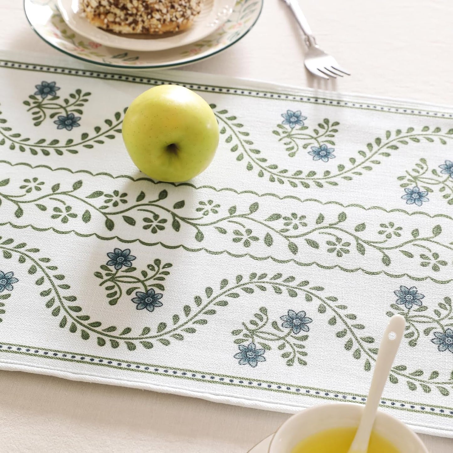 ISAENNE Designer White Elegant Linen Extra Long Table Runner 118 Inches,Chinoiserie Floral Decor Durable Table Runners for Dining Tables,Thanksgiving,Kitchen Tables,Christmas,12"*118"-Mosella D