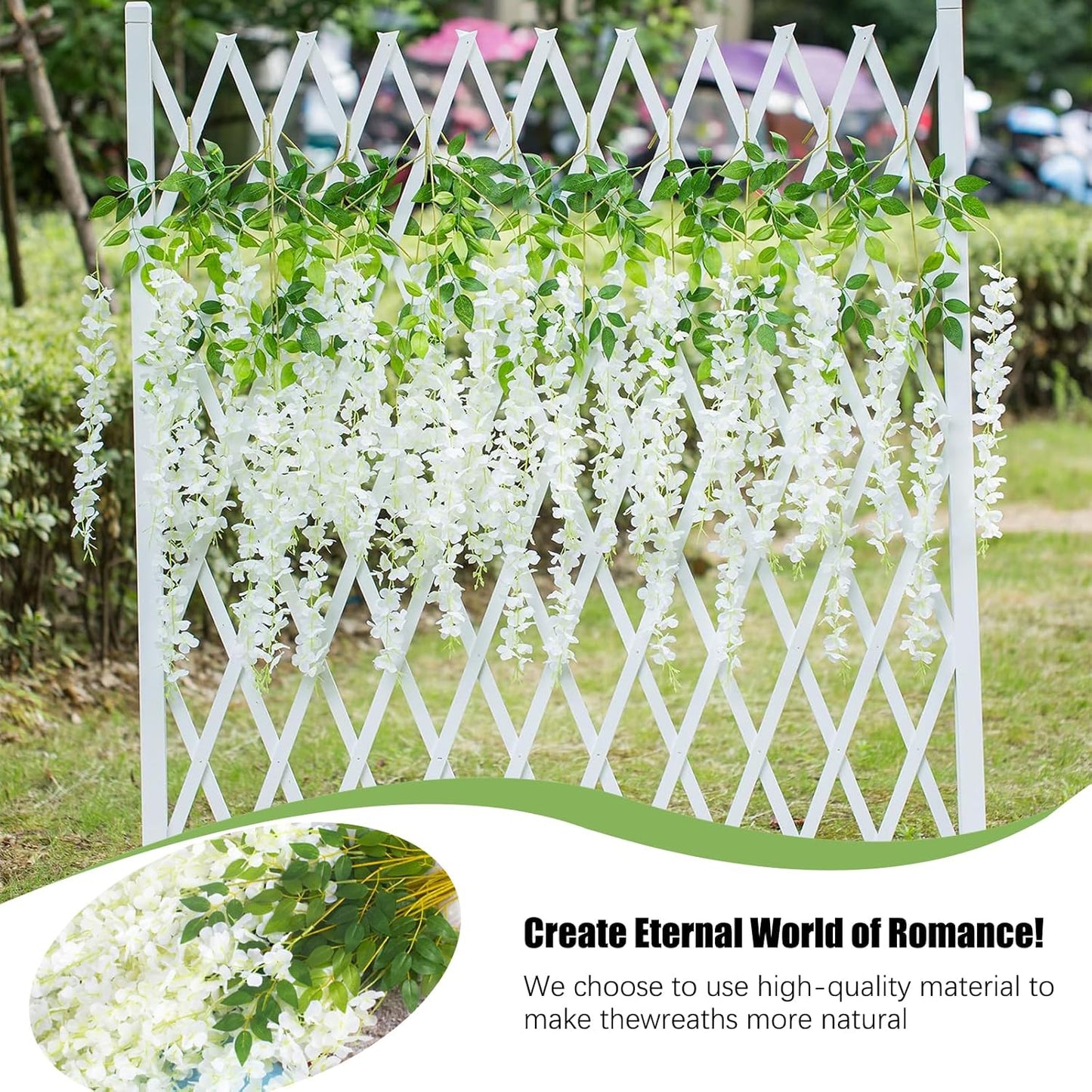 12 Pack Green White Wisteria Hanging Flowers, 3.44 Ft Fake Hanging Flowers, Artificial Wisteria Garland Vines for Wedding Room Backdrop Outdoor Patio Garden Decoration