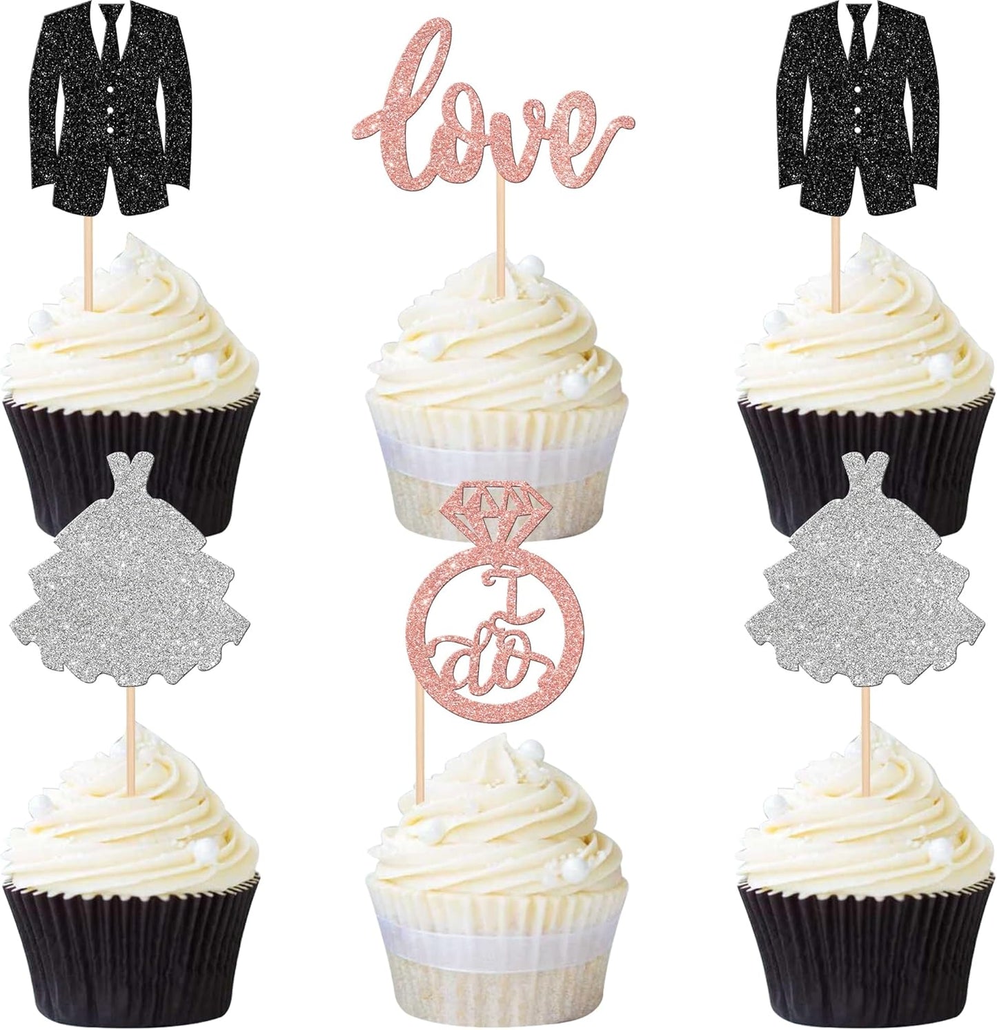 24 PCS Groom and Bride Cupcake Toppers Glitter Ring Love I Do Cupcake Picks Marriage Bridal Shower Cake Decorations for Wedding Engagement Bridal Shower Theme Party Supplies Rose Gold