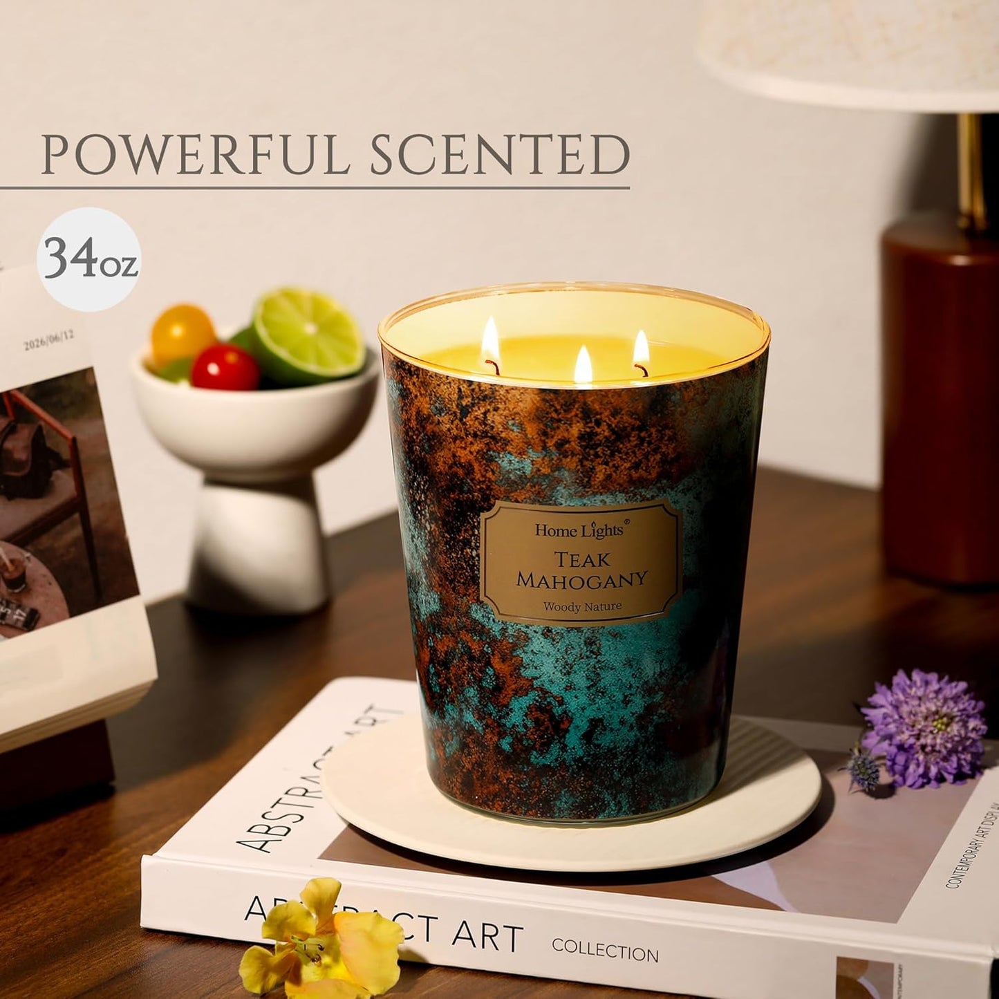 HomeLights Large jar Candle | 3-Wick Long-Lasting Scented Candles, 34oz Natural Soy Wax Candle for Home Scented, Industrial Chic Gifts for Women & Men, Teak Mahogany