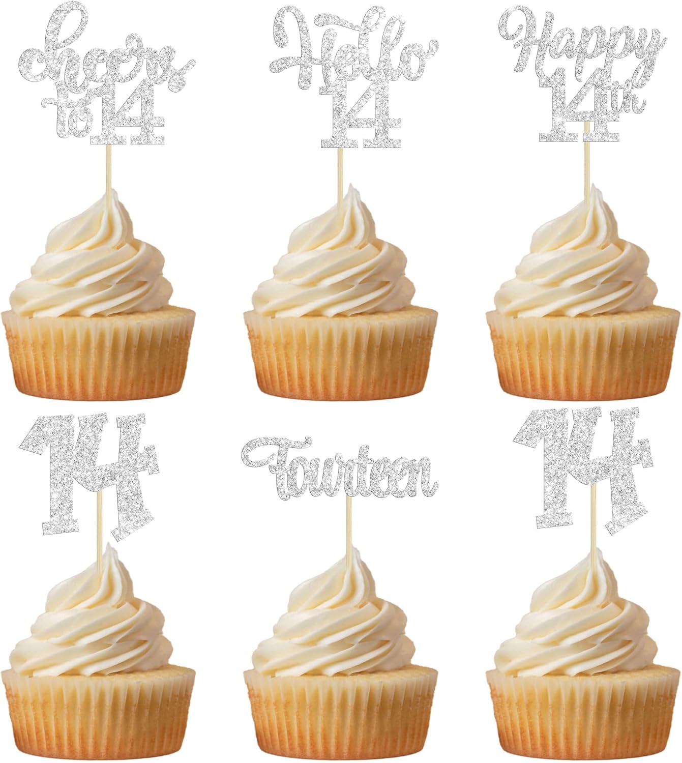 30Pcs 14th Birthday Cupcake Toppers Hello 14 Cupcake Picks Fourteen Cheers to 14 Years Old Cake Decorations for 14th Birthday Anniversary Party Supplies Silver Glitter