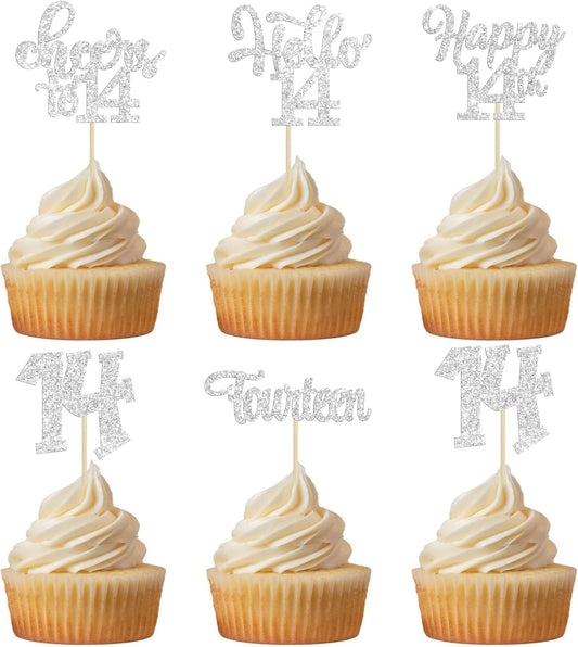 30Pcs 14th Birthday Cupcake Toppers Hello 14 Cupcake Picks Fourteen Cheers to 14 Years Old Cake Decorations for 14th Birthday Anniversary Party Supplies Silver Glitter