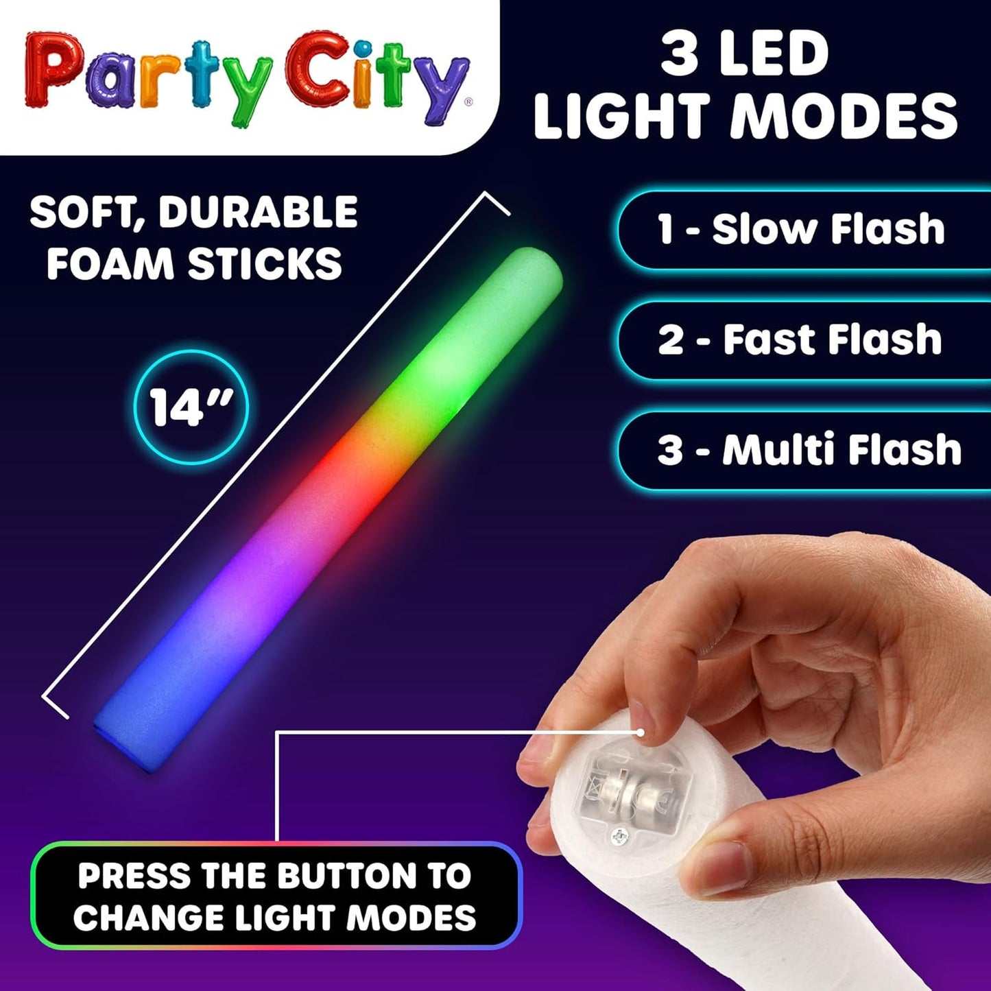 Party City 12pk LED Foam Glow Sticks 14”- Glow in the Dark Party Supplies Favors, Colorful Flashing Wand with 3 Modes, Foam Light Up Sticks Bulk Party Pack for Wedding, Birthday, Concert, Halloween