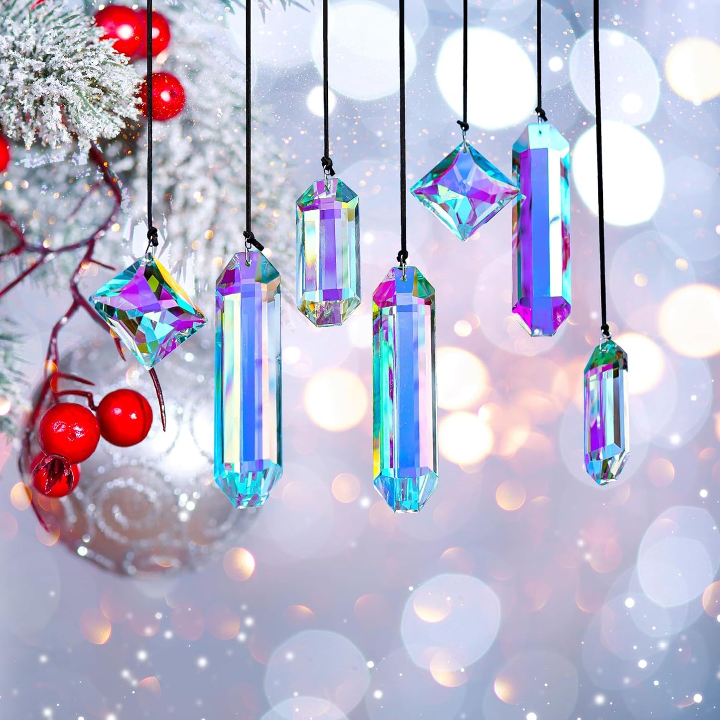 Crystal Prisms Ornament for Christmas Tree, 7 Pack Icicle Ornaments A/B Color Ornaments, Crystal Prism Suncatcher for Window Hanging for Women