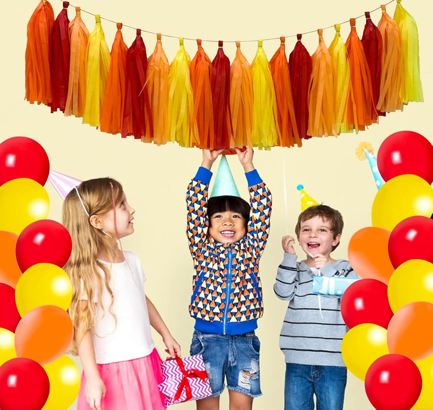 Red Orange Yellow Tissue Paper Tassel Garland,Tissue Tassel Banner for Party Decorations,Pack of 20