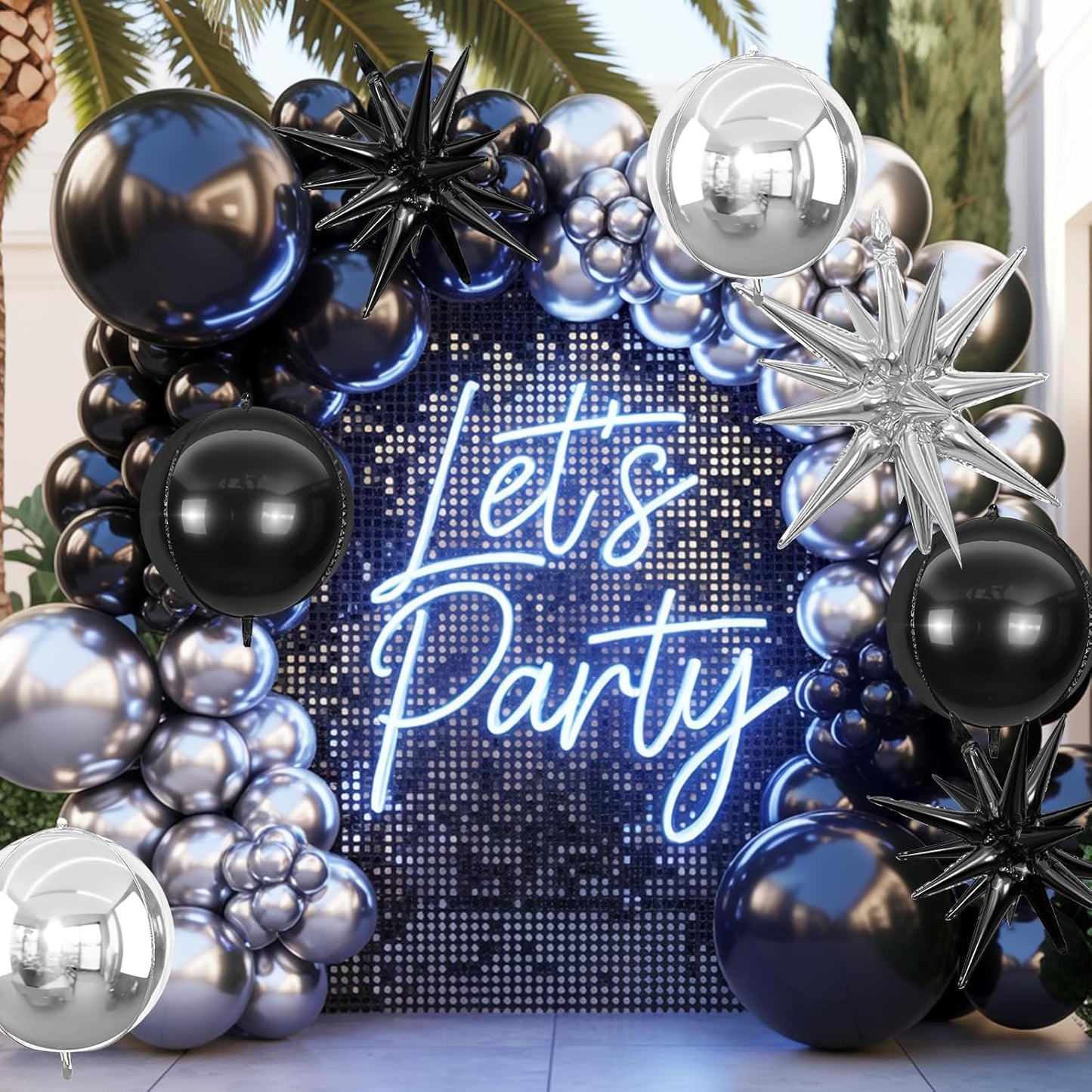 6Pcs Black Silver Foil Balloons,22Inch Black Silver 4D Round Ball Balloon and Explosion Star Balloon for Birthday Wedding Baby Shower Anniversary Decorations