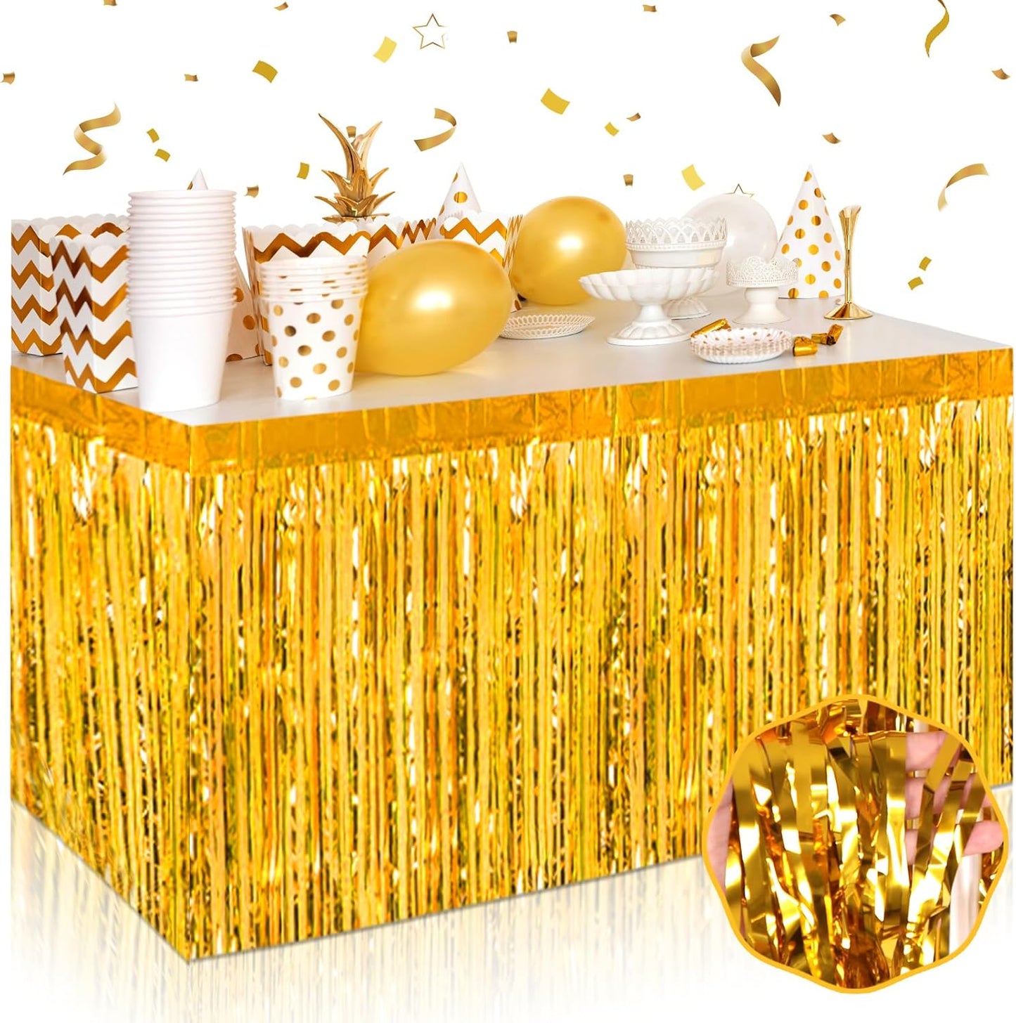 3 Pack 29 x108 Inch Gold Foil Fringe Table Skirts Metallic Banner for Tinsel Streamer Garland Backdrop for Parade Floats Wedding Thanksgiving Birthday Christmas Halloween New Year Party Decoration