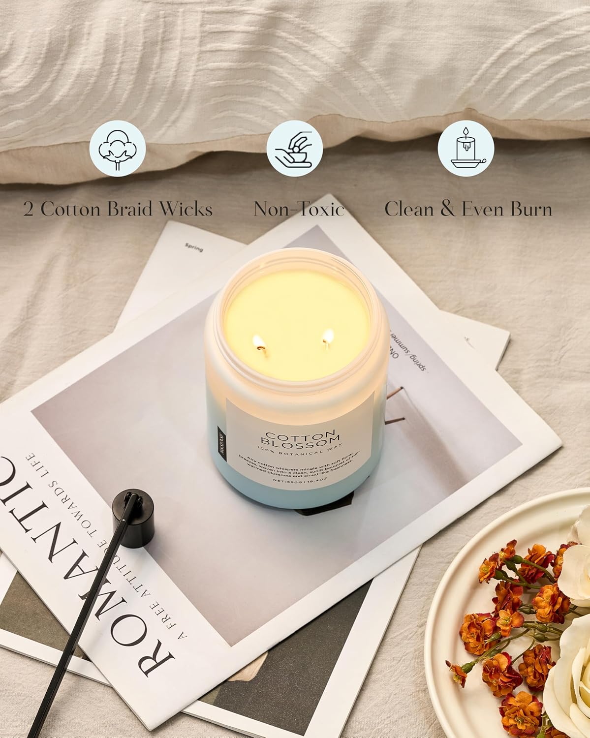 M&SENSE Clean Cotton Scented Candle - 19.4oz Natural Soy Wax Clean Cotton Blossom Scent Non Toxic Candle, 110-Hour Slow Burning 2-Wick Aromatherapy Home Fragrance Gifts for Home Decor