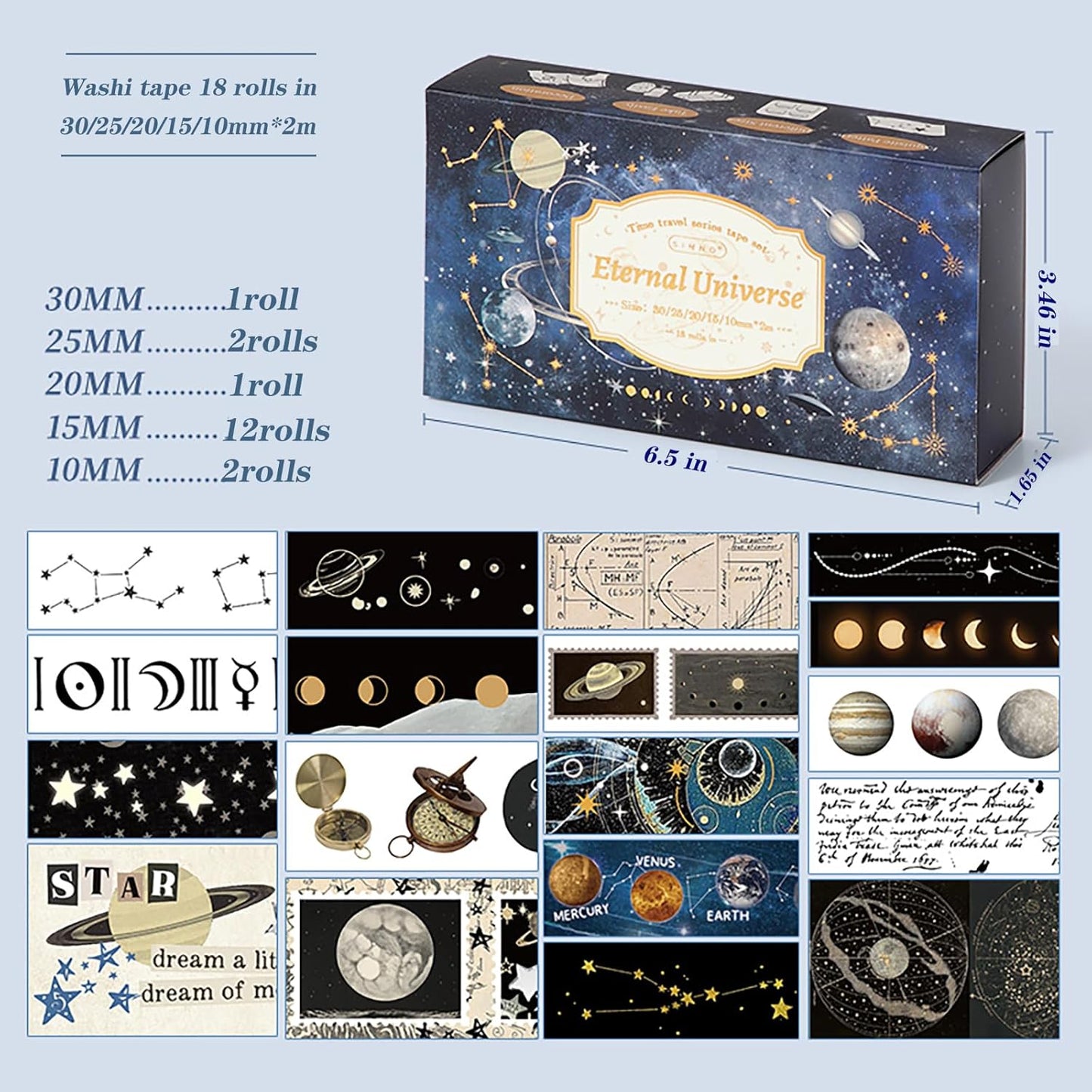 18 Rolls Celestial Washi Tape Set Galaxy washi Tape for Crafts and Journaling DIY washi Tape for journaling Decorative Tape for Scrapbook Scrapbooking Supplies