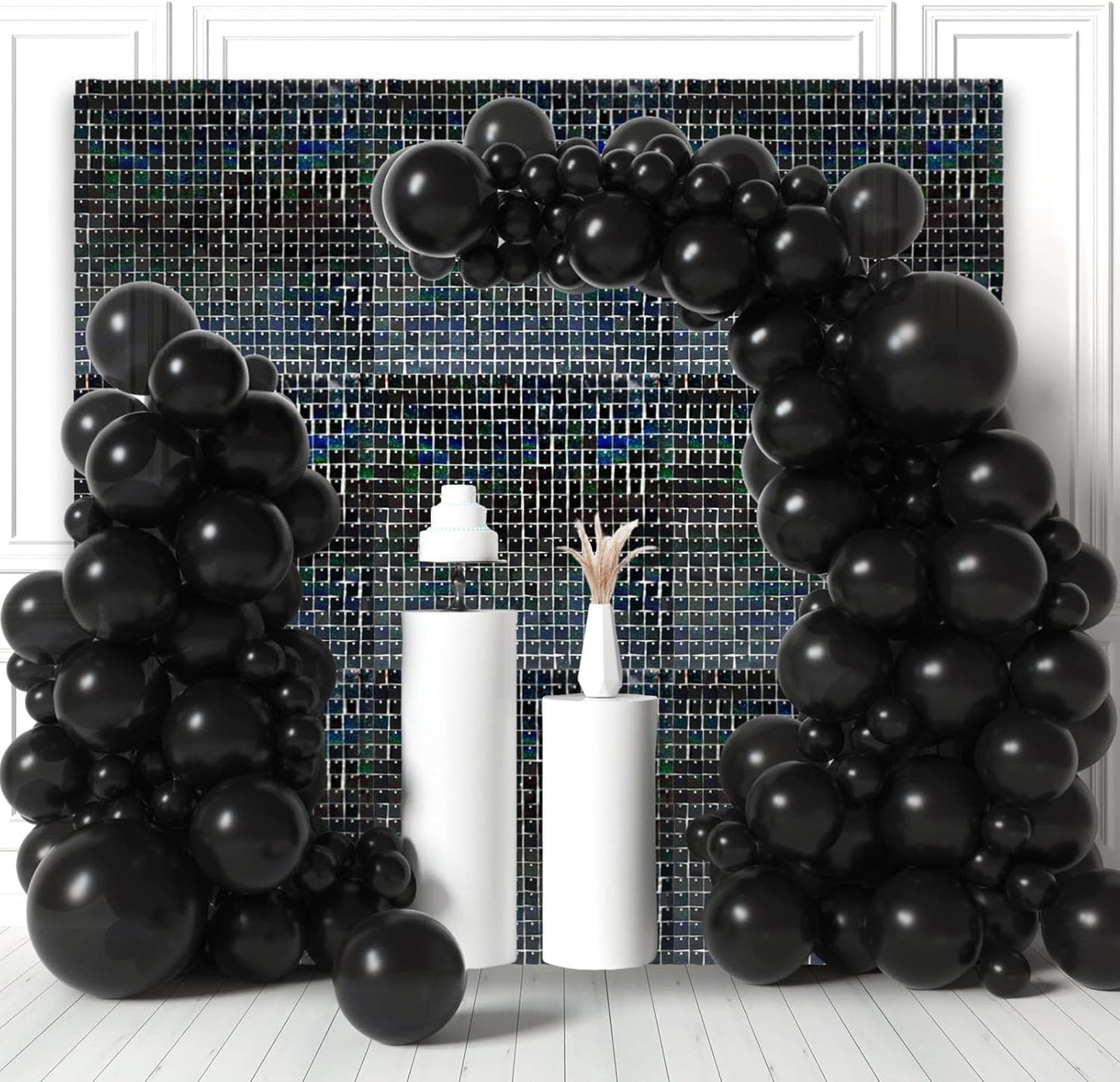 24PCS Black Shimmer Wall Backdrop, Laser Square Sequin Photo Backdrops Panel, Glitter Wall Background for Birthdays, Weddings, Christmas, Engagements, Disco Bachelorette Party Decoration (4FTx6FT)