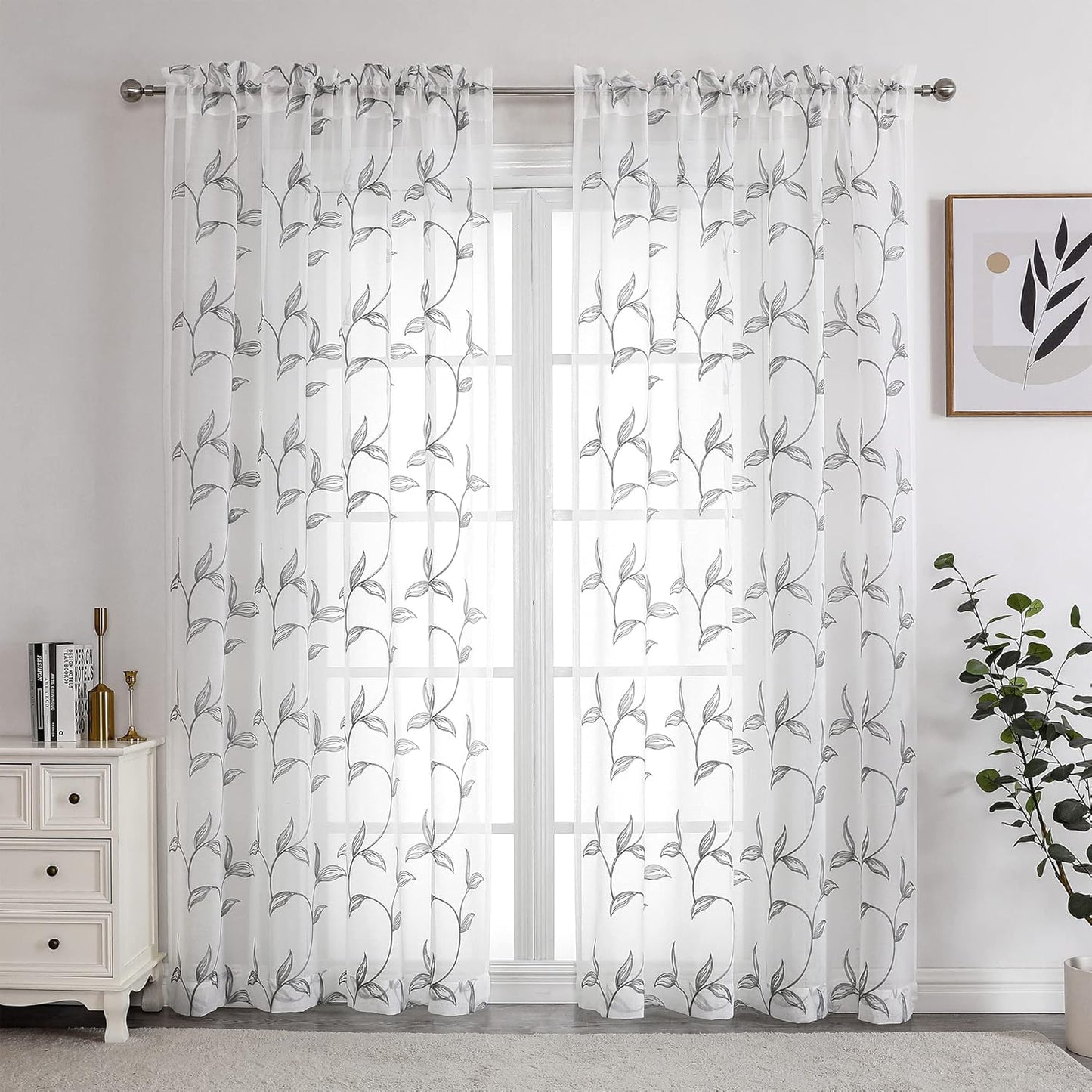 VISIONTEX Sheer Curtains 108 Inch Length 2 Panels, Decor Iron Grey Vine Leaves Embroidery on White Voile Pair, Accent Semi Window Drapes for Kitchen, Living Room and Bedroom, 54" W x 108" L