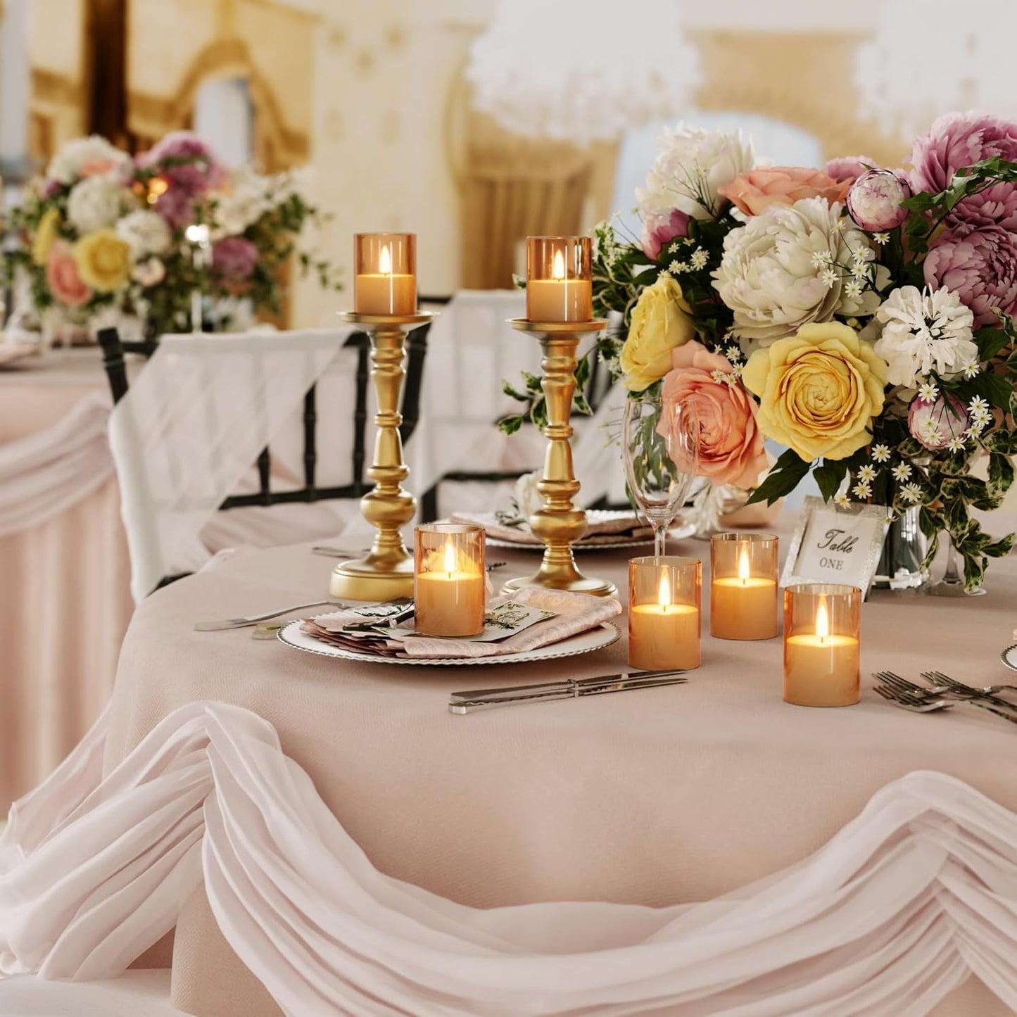 12Pack Flickering Flameless LED Candles with Timer, Battery Powered - Small Pillar & Votive, Acrylic Made, Gold (2"X3")