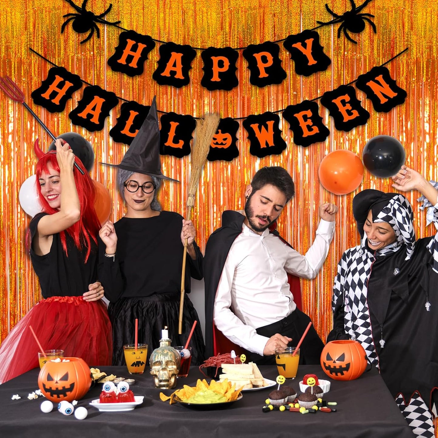 Reusable Foil fringe Curtains Halloween Decor Indoor Party Decorations - Melsan 3 Pack 3.2 x 8.2 ft Tinsel Curtain Party Photo Backdrop for Birthday Party Baby Shower or Graduation Decorations (Orange)