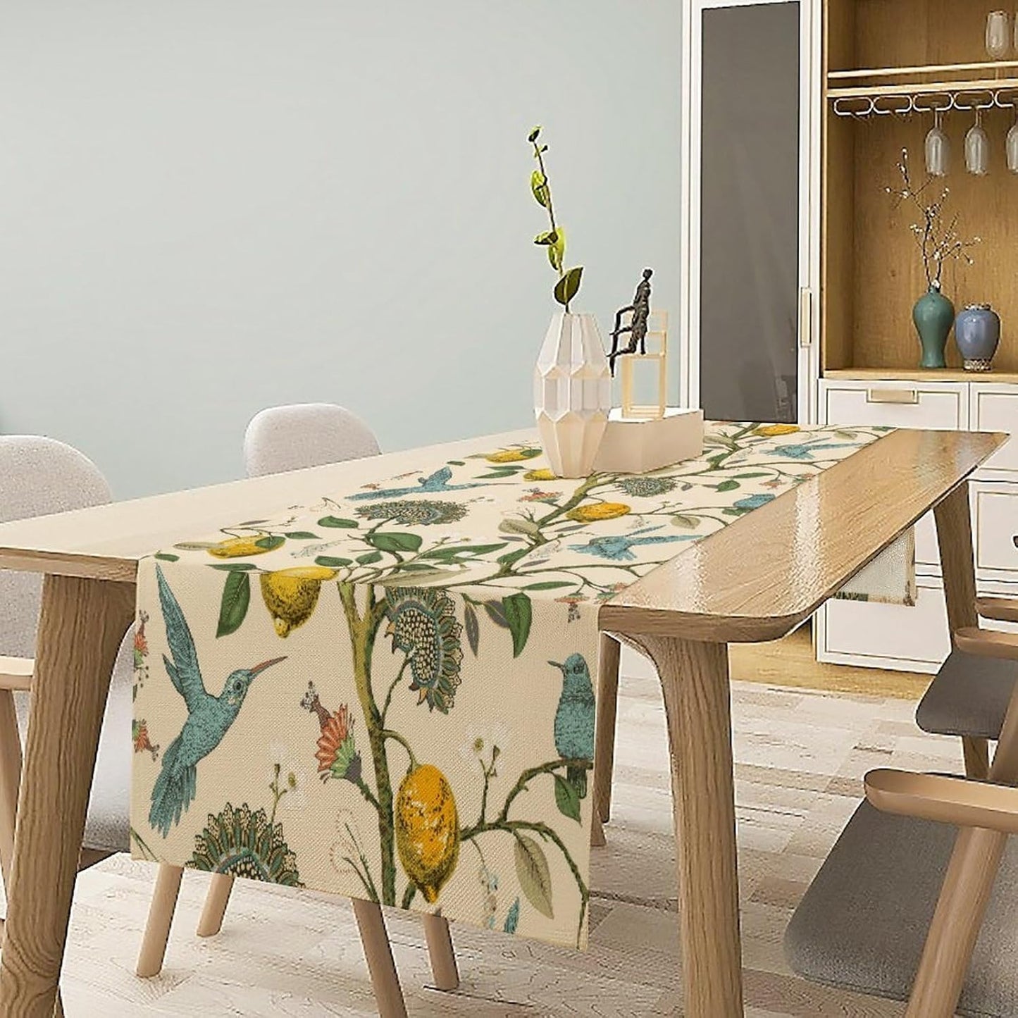 Table Runner with Flowers and Birds, Spring Plant Flowers Table Decoration Linen Table Runner Family Party Party Decorations 13x60 Inches