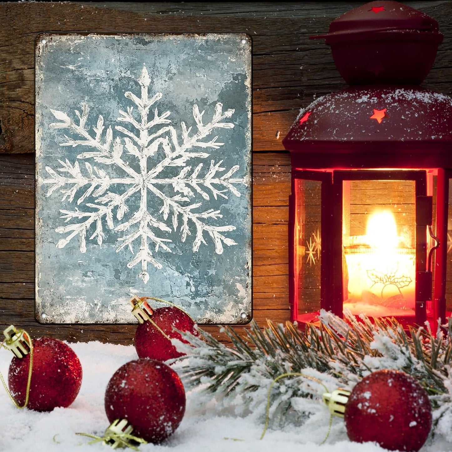 Vintage Christmas Tin Sign - Winter Snowflakes Metal Tin Sign - Wall Decor Sign for Outdoor Snowflake Christmas Decoration - 12x16Inch