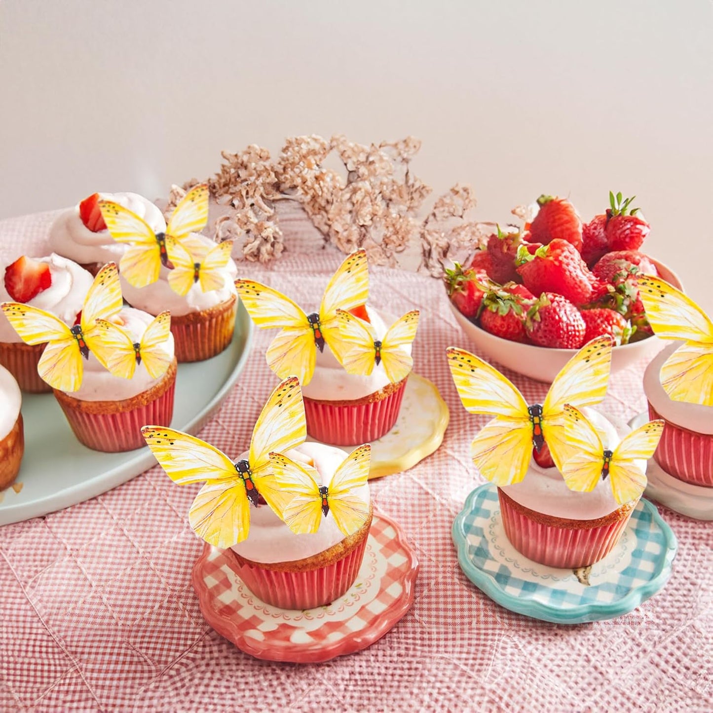 Ephlyn 72Pcs Edible 3D Realistic Cupcake Toppers - Cute Butterfly Cake Picks for Baby Shower, Boys Girls Birthday Party Decorations - Yellow