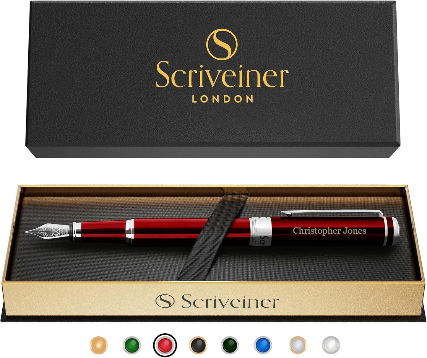 Scriveiner Personalized Deep Crimson Red Pen - Stunning Red Lacquer Luxury Pen with Chrome FinishGerman Schmidt Nib (Medium), Best Engraved Fountain Pen Gift Set for Men & Women, Name Engraving