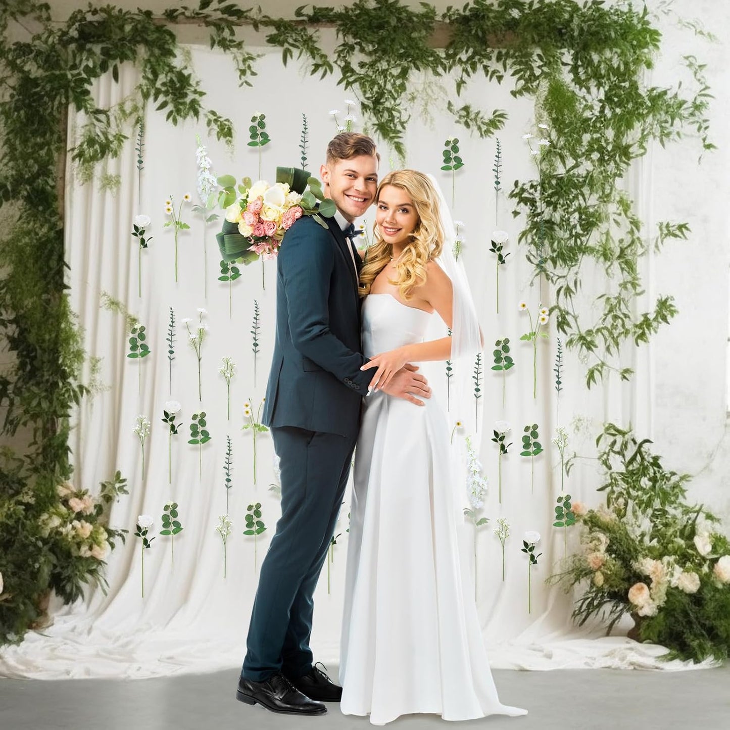 Hoteam 26 Pcs DIY Flower Garland Artificial Hanging Wildflower Backdrop Set Fake Rose Eucalyptus Daisy Poppy Wild Flower Decor for Wedding Party Birthday Home Garden (White)