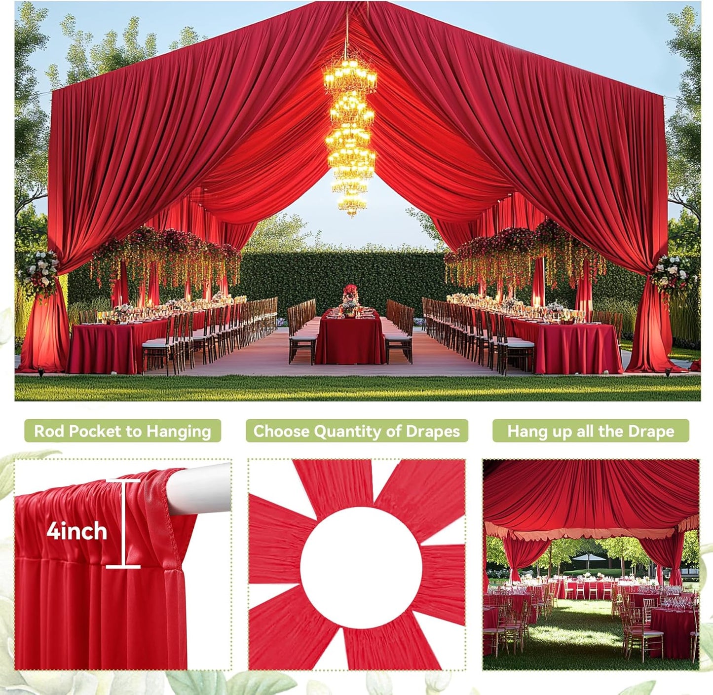 PartyVillage 20ftx40ft Red Ceiling Curtain for Wedding Parties – 4 Panels Wrinkle-Free 40 FT Long Tent Draping Curtains for Wedding, Birthday & Theme Parties, 40ft Height with Rod Pocket