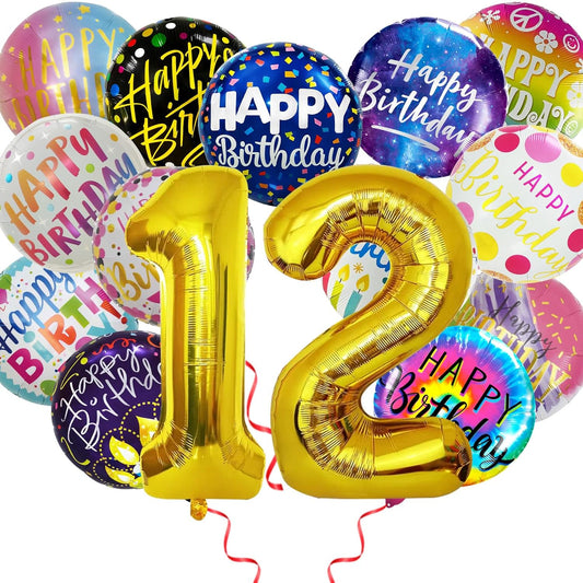 50 Pcs Happy Birthday Party Aluminum Foil Balloons and 12th Birthday Balloons, 18 Inch Round Aluminum Foil Balloon with" Happy Birthday" Sign, Birthday Party Decorations for Boys/Girls (Yellow, 12)
