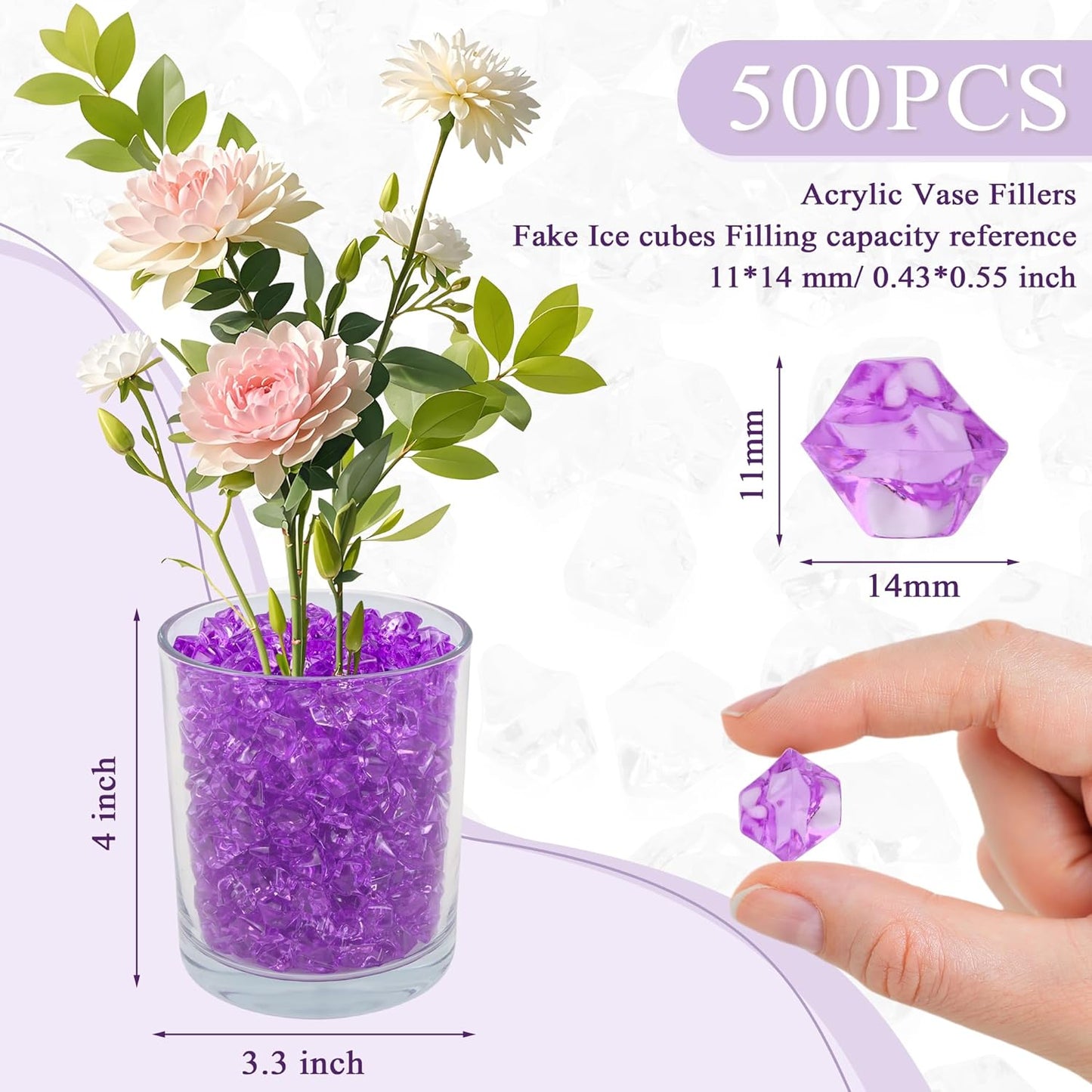 YATOJUZI 500pcs Fake Ice Cubes Purple Acrylic Crushed Rocks Vase Fillers Plastic Diamonds Gems for DIY Party Wedding Centerpiece Table Scatter Prop Display 0.5" (Only Purple)