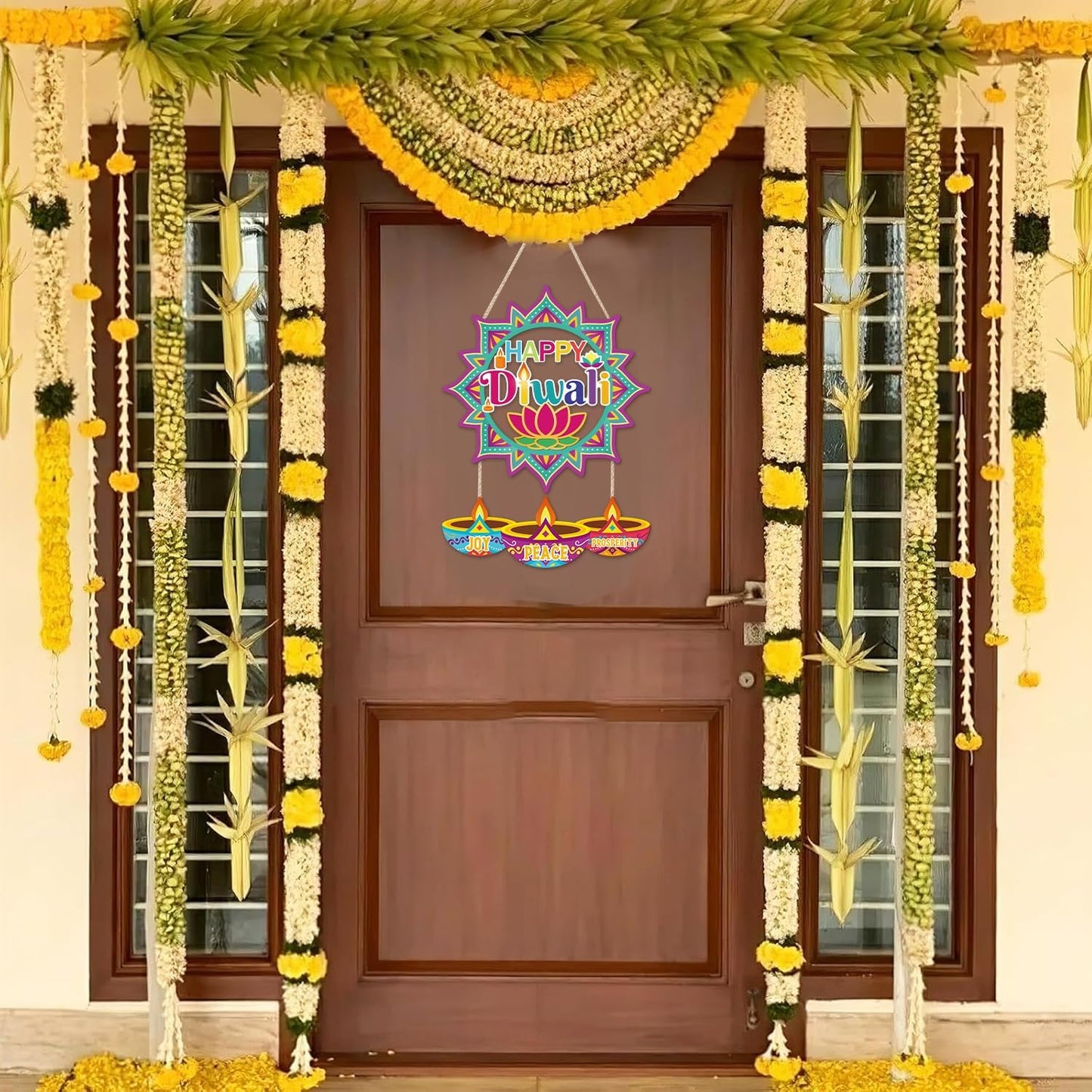 CHDITB Happy Diwali Front Door Sign Wreath(15"x11"), Wooden Lotus Rangoli Diyas Indian Festival of Lights Decoration Wall Hanging, Colorful Deepavali Themed Hanger Decor for Porch Home Office Party