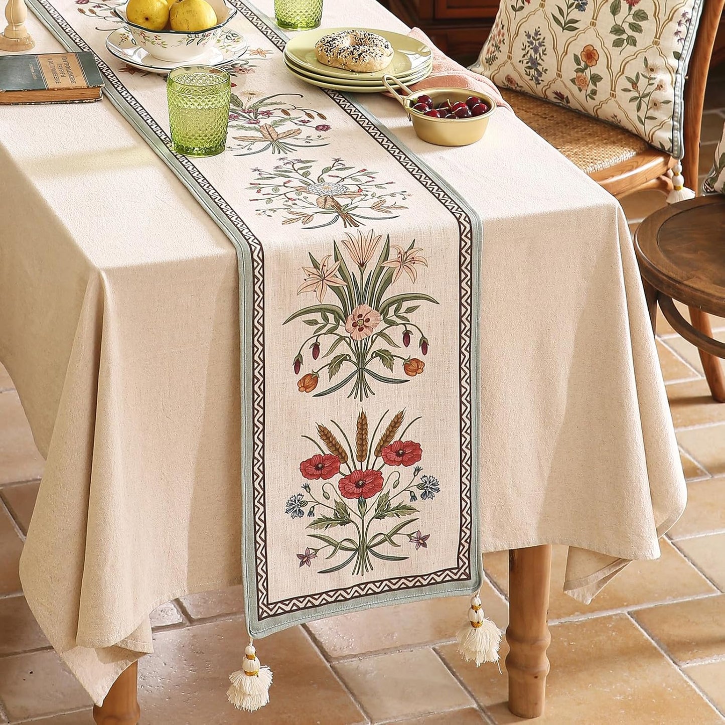ISAENNE Designer French Country Linen Table Runner 71 Inches Long,Elegant Colorful Floral Pattern Table Runners for Dining Tables,Thanksgiving,Christmas,Kitchen Decor,12"*71"-Serenity F