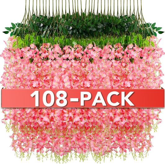 Wisteria Hanging Flowers,Fake Hanging Flowers,Wisteria artificiales Garland for Home Wedding Arch Floral Party Garden Ceremony Outdoor Decor,3.6 feet Long(108,Pink)