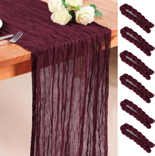 Snowkingdom 6PCS 10 Ft Burgundy Red Cheesecloth Table Runner, 120inch Long Cheese Cloth Boho Gauze Runner for Wedding Bridal Baby Shower Birthday Valentines Sheer Table Decorations