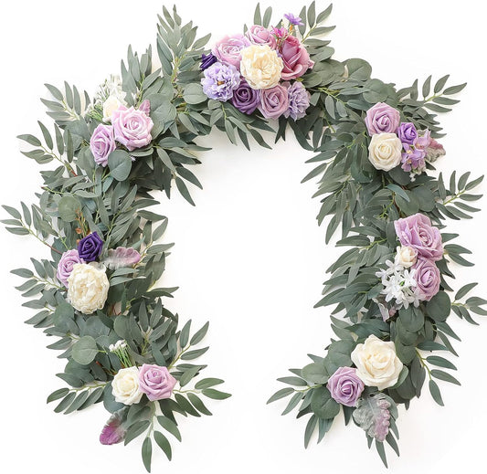 Floroom 6ft Artificial Eucalyptus Garland with Flowers Fake Greenery Faux Floral Vine Garland for Table Decor Wedding Centerpieces Bridal Shower Party Decorations, Lilac & Lavender