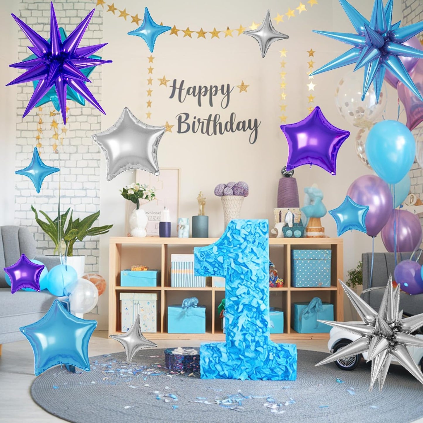 16 Pcs Blue Purple Silver Star Balloons, 22/18/10 Inch Foil Balloons, Four-Pointed Balloon for Boy Men Birthday Graduation Wedding Baby Shower Galaxy Space Party Decorations