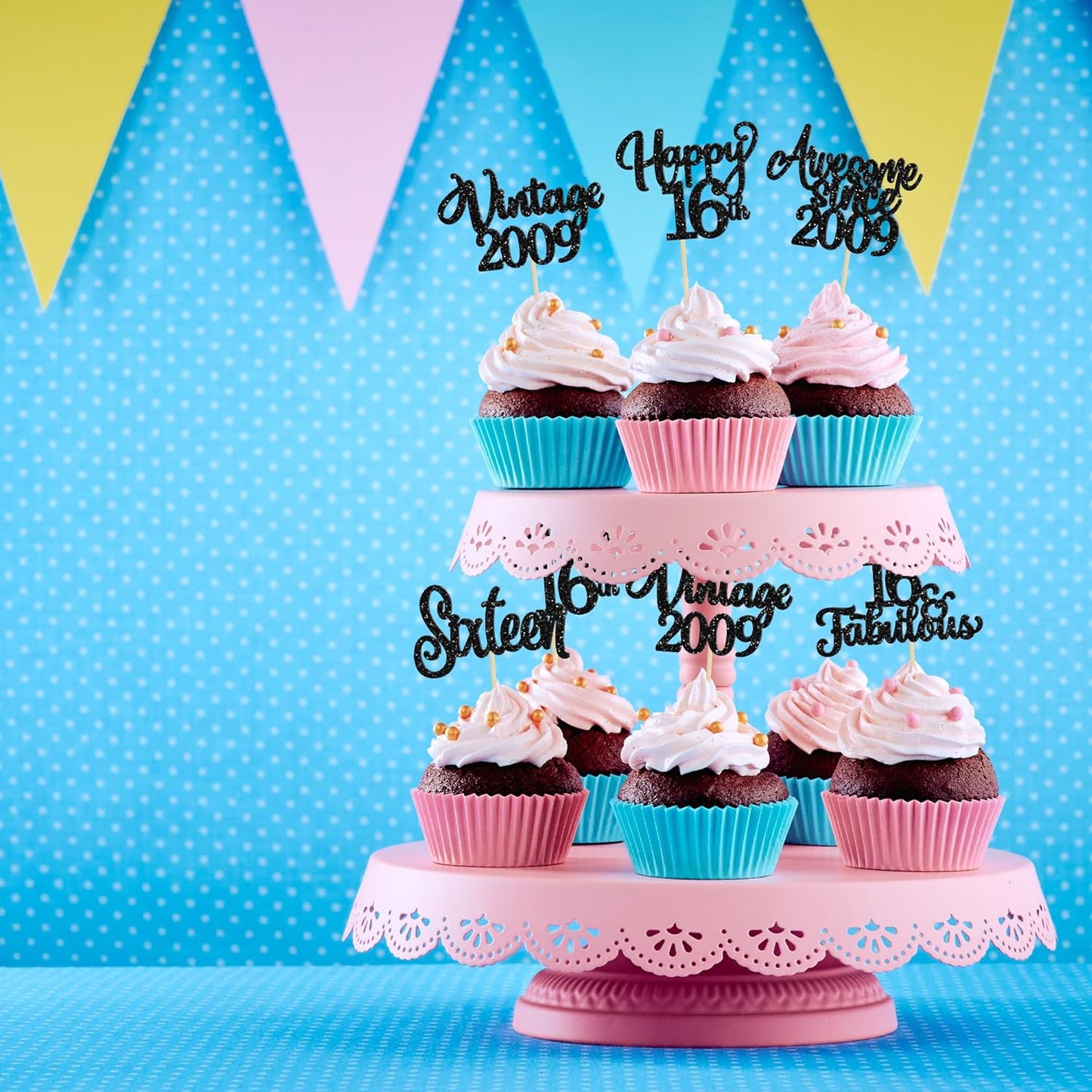 30Pcs Happy 16th Birthday Cupcake Toppers Glitter Sixteen Vintage 2009 Cupcake Picks Cheers to 16 Fabulous Cake Decorations for 16th Birthday Wedding Anniversary Party Supplies Black