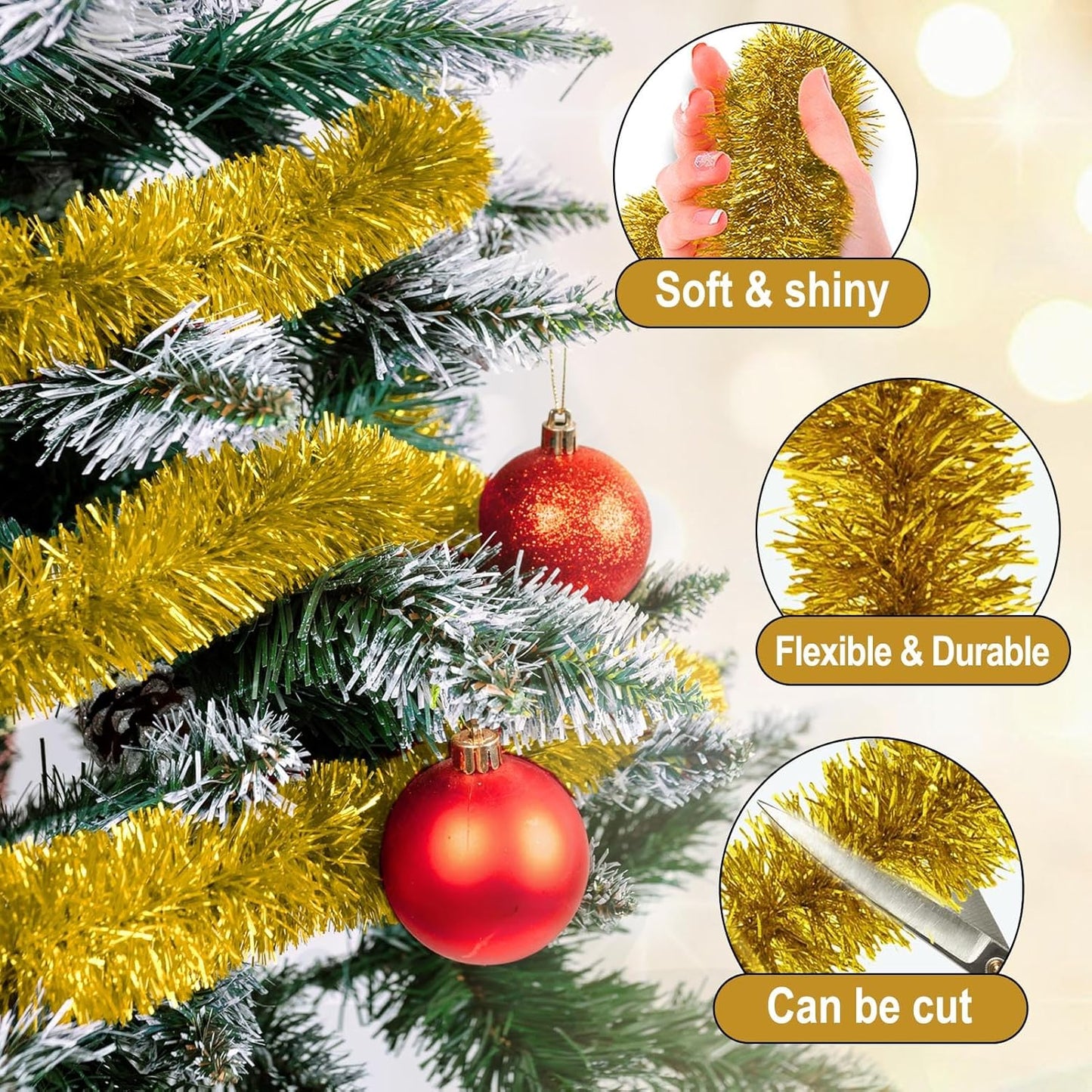 50 Feet Gold Christmas Tinsel Garland, Metallic Foil Twist Garland Wall Hanging Tinsel Banner Backdrop for Parade Floats, Easter, Mother's Day, Wedding Party Decorations (2in x 50ft)