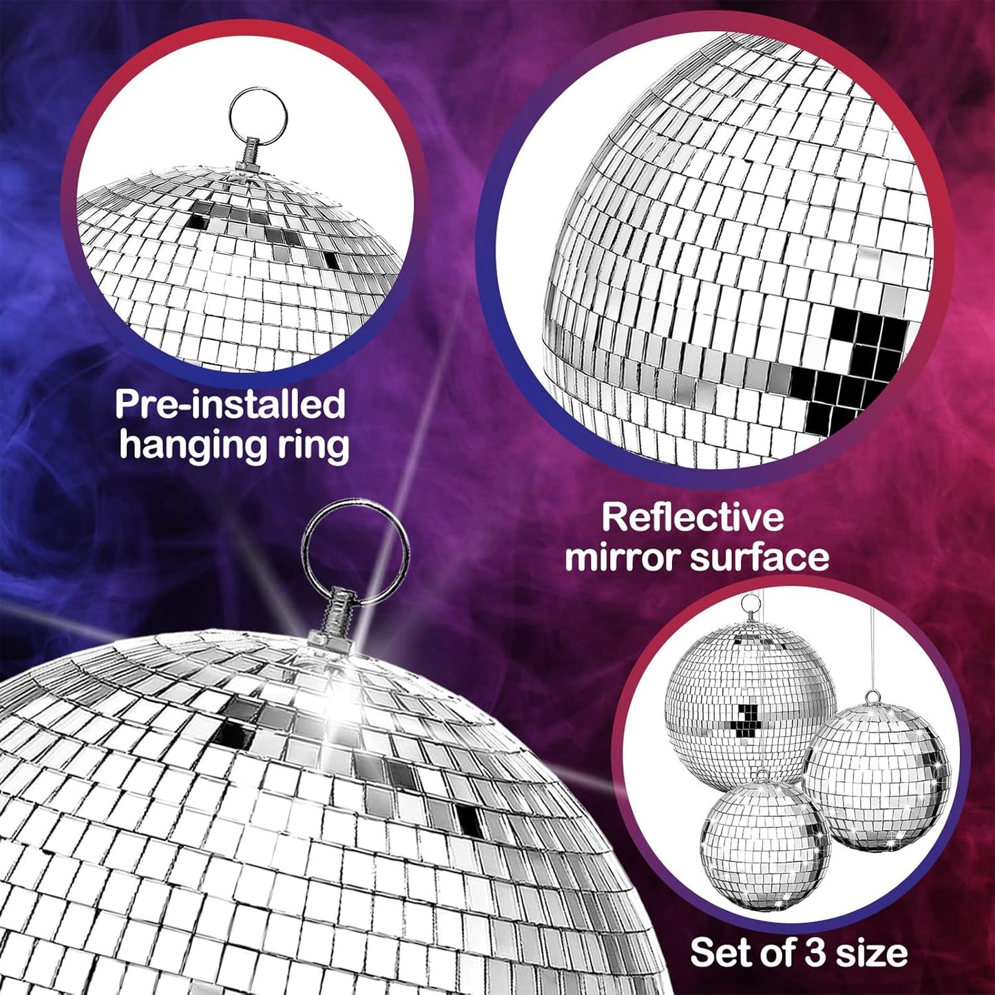 Haull 8 Pcs Large Disco Ball Set Silver Mirror Disco Reflective Ball with Hanging Ring Party Ornament Decoration for Stage Club Ballroom Dance Hall Wedding Prom Props(8'', 6'', 4'')