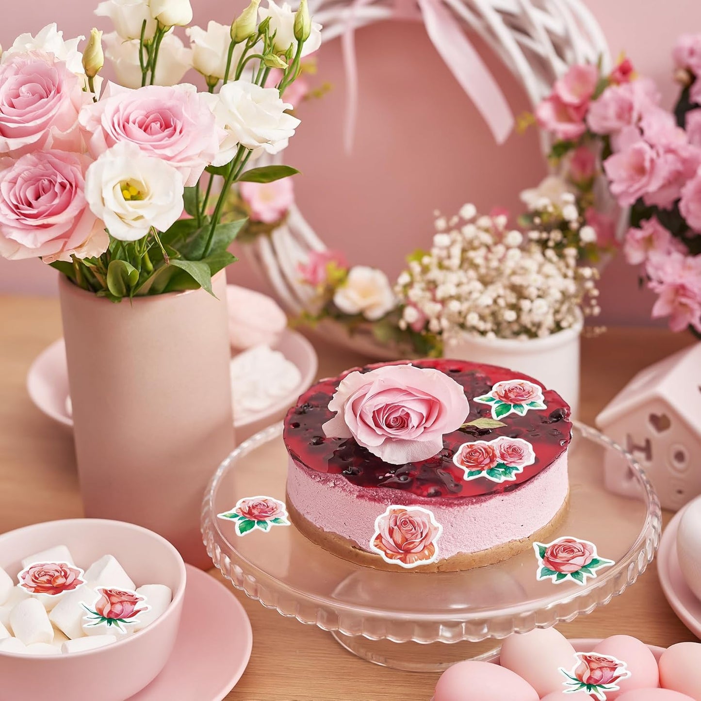 48PCS Edible Rose Flower Cupcake Toppers Wafer Paper Roses Decorations Flower Birthday Party Decorations Rose Cake Toppers for Wedding Engagement Birthday Party Cake Decor Supplies (Pink)