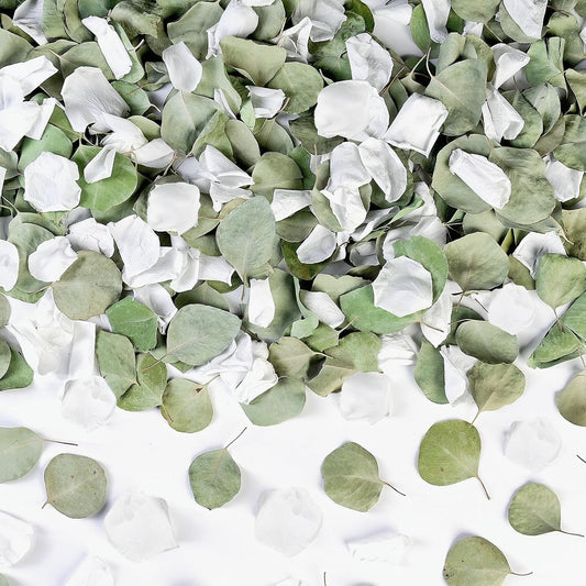 Real White Rose Petals & Natural Eucalyptus Leaves 2.12oz, Freeze Dried Flower Petals Confetti for Wedding Flower Girl, Aisle Table Centerpieces Garden Cake Bridal Shower Decor
