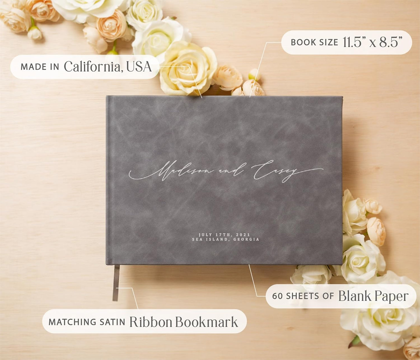 MUUJEE Personalized Guestbook in Slate Gray - Premium Custom Modern Guest Book for Wedding Reception, Birthday Party or Events w/Bookmark Blank Pages for Signing 11.5 x 8.5 inches