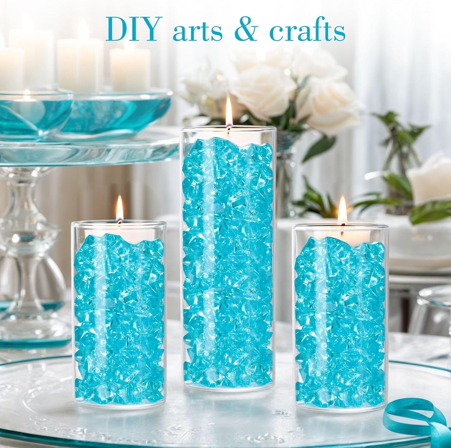 DomeStar Light Blue Fake Ice Rocks, 150PCS Acrylic Gems Crystals Plastic Diamonds Vase Centerpiece for Vase Fillers DIY Craft Wedding Party Table Scatter Aquarium Tank Decoration