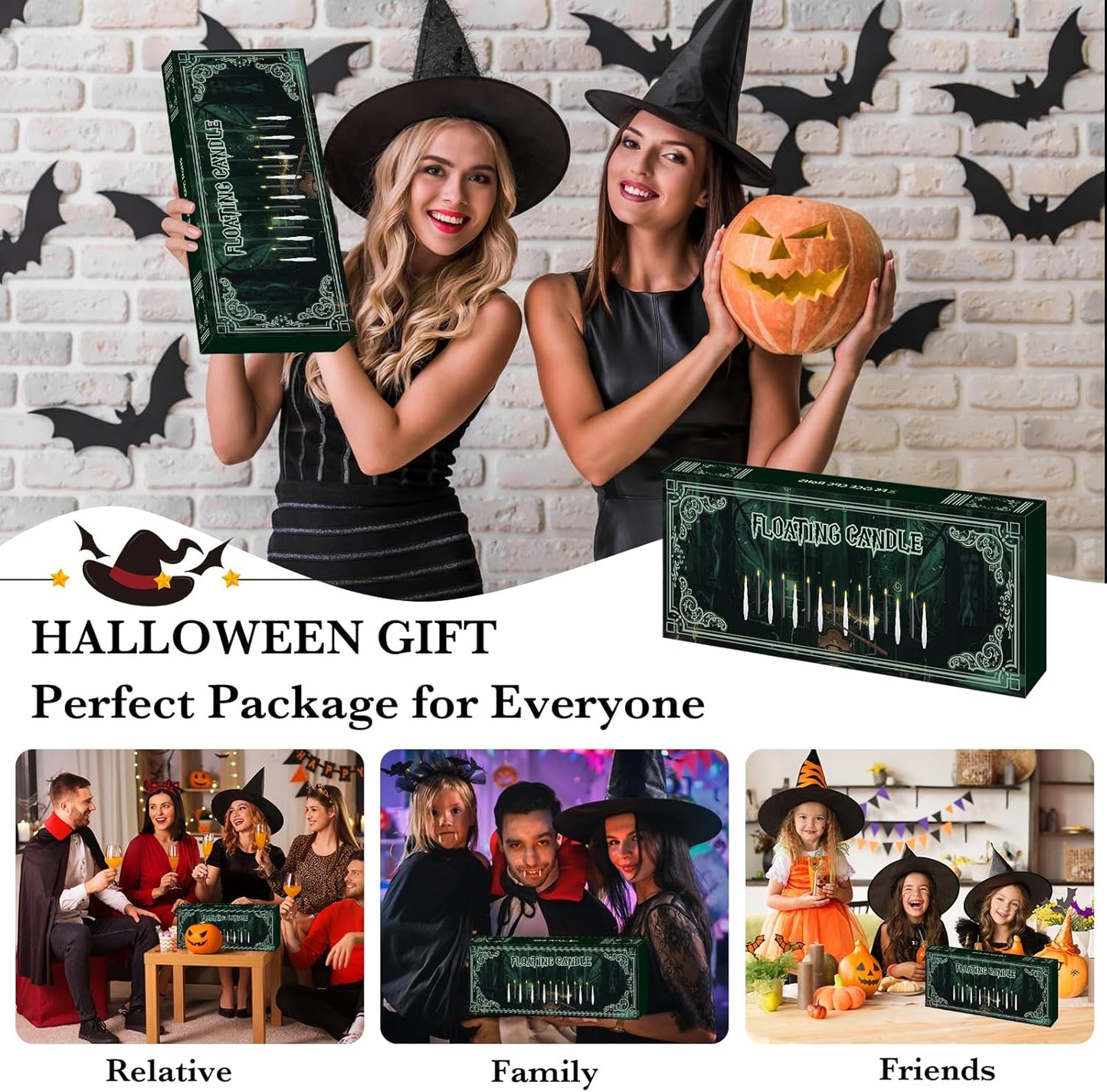 NURADA Floating Candles with Wand Remote Timer - Magic LED Hanging Flameless Taper Candles Flickering Battery Operated for Birthday Theme Party Halloween Home Window Decor - White 12 Pack